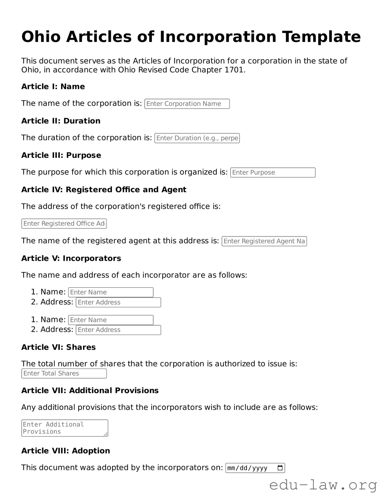 Legal  Articles of Incorporation Template for Ohio