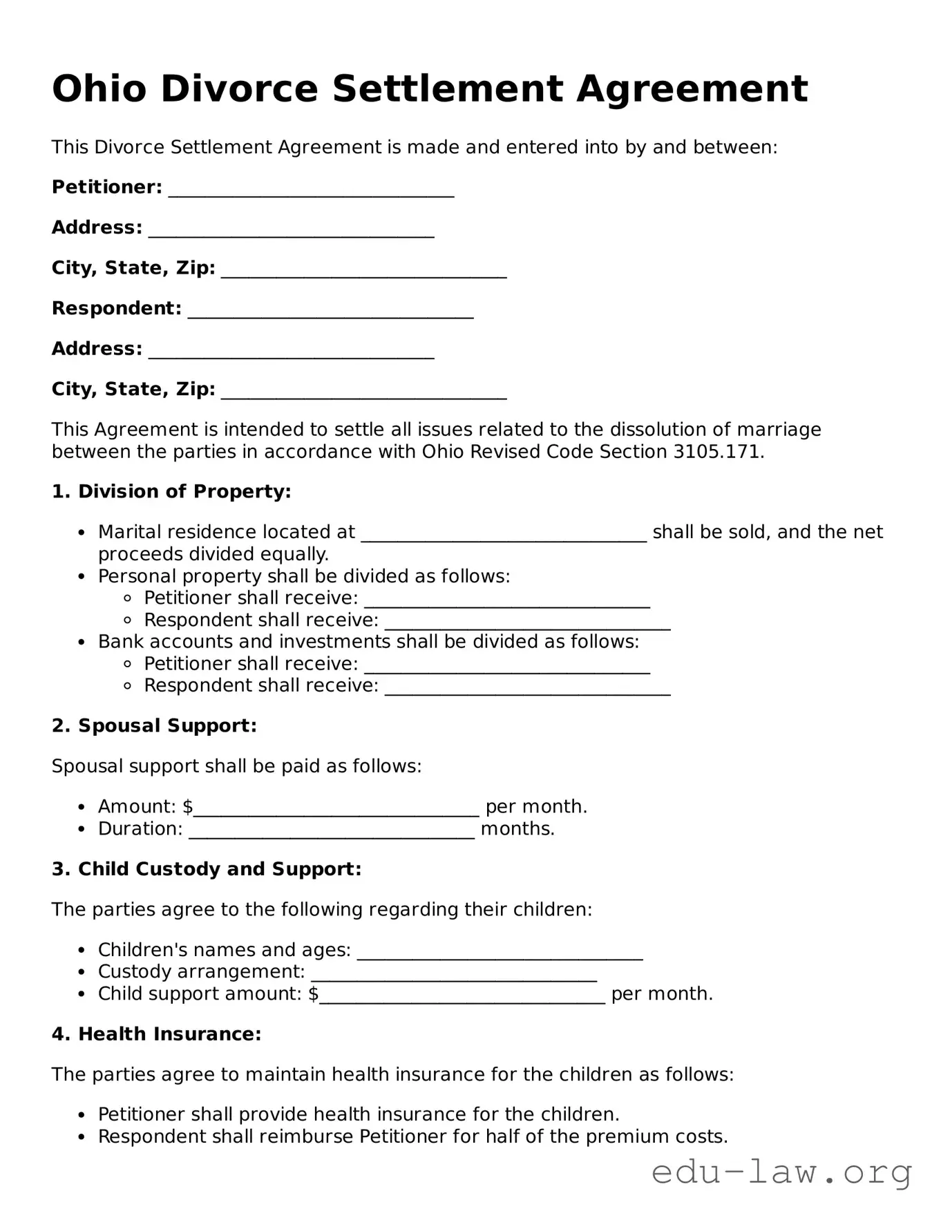 Legal  Divorce Settlement Agreement Template for Ohio