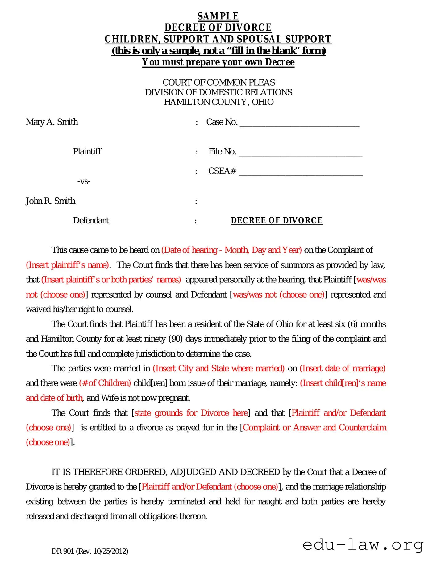 Fill in Your Divorce Decree Sample Template