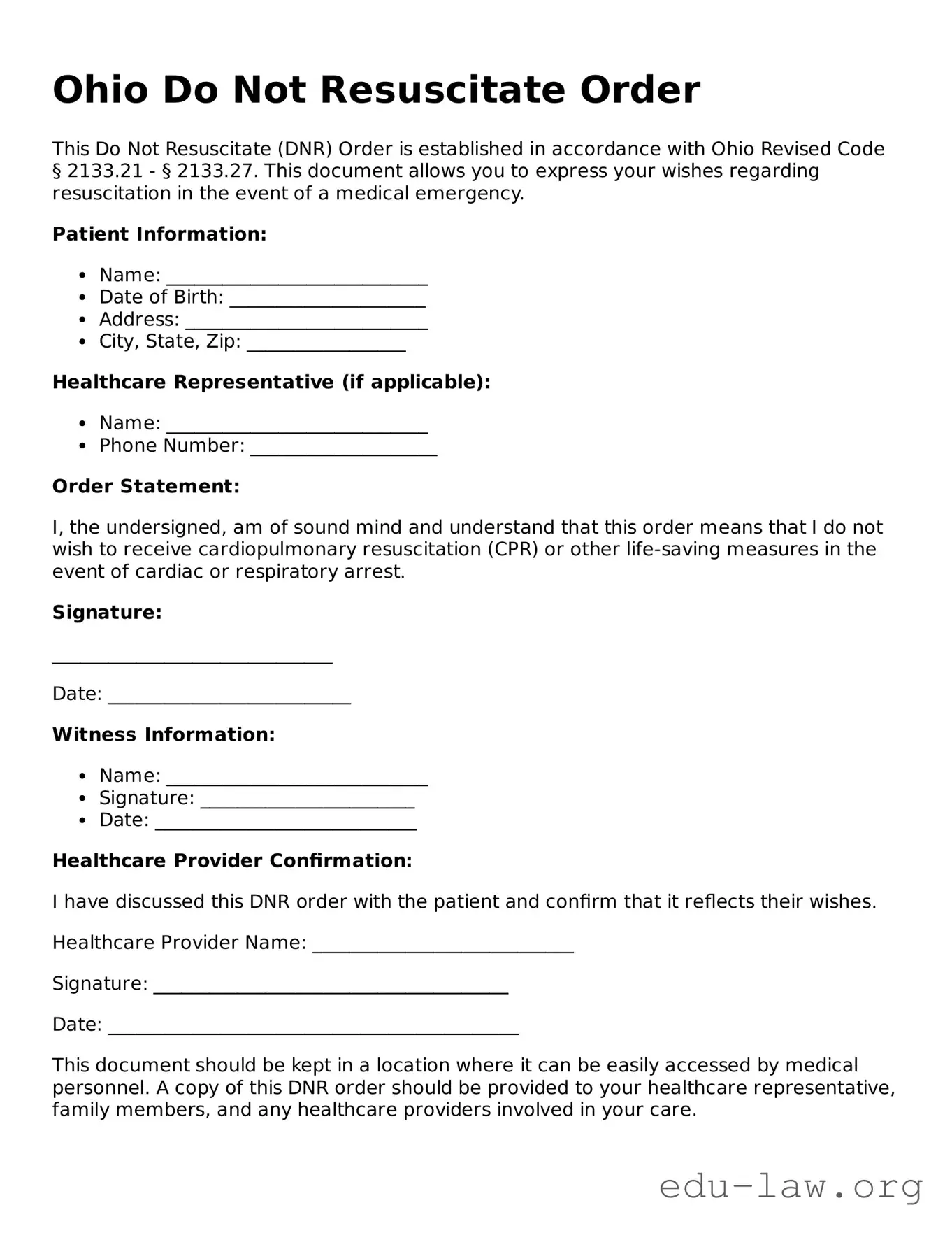 Legal  Do Not Resuscitate Order Template for Ohio