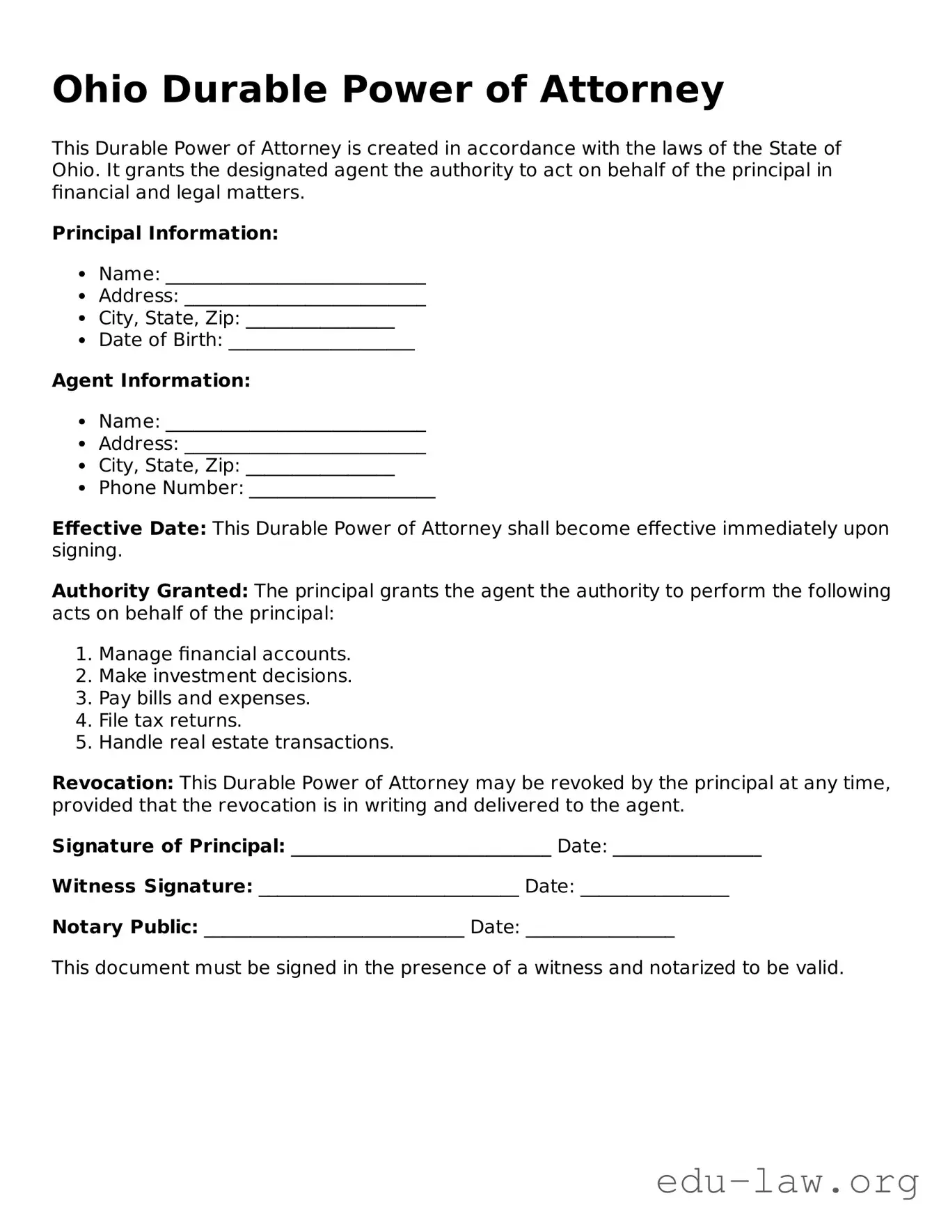 Legal  Durable Power of Attorney Template for Ohio