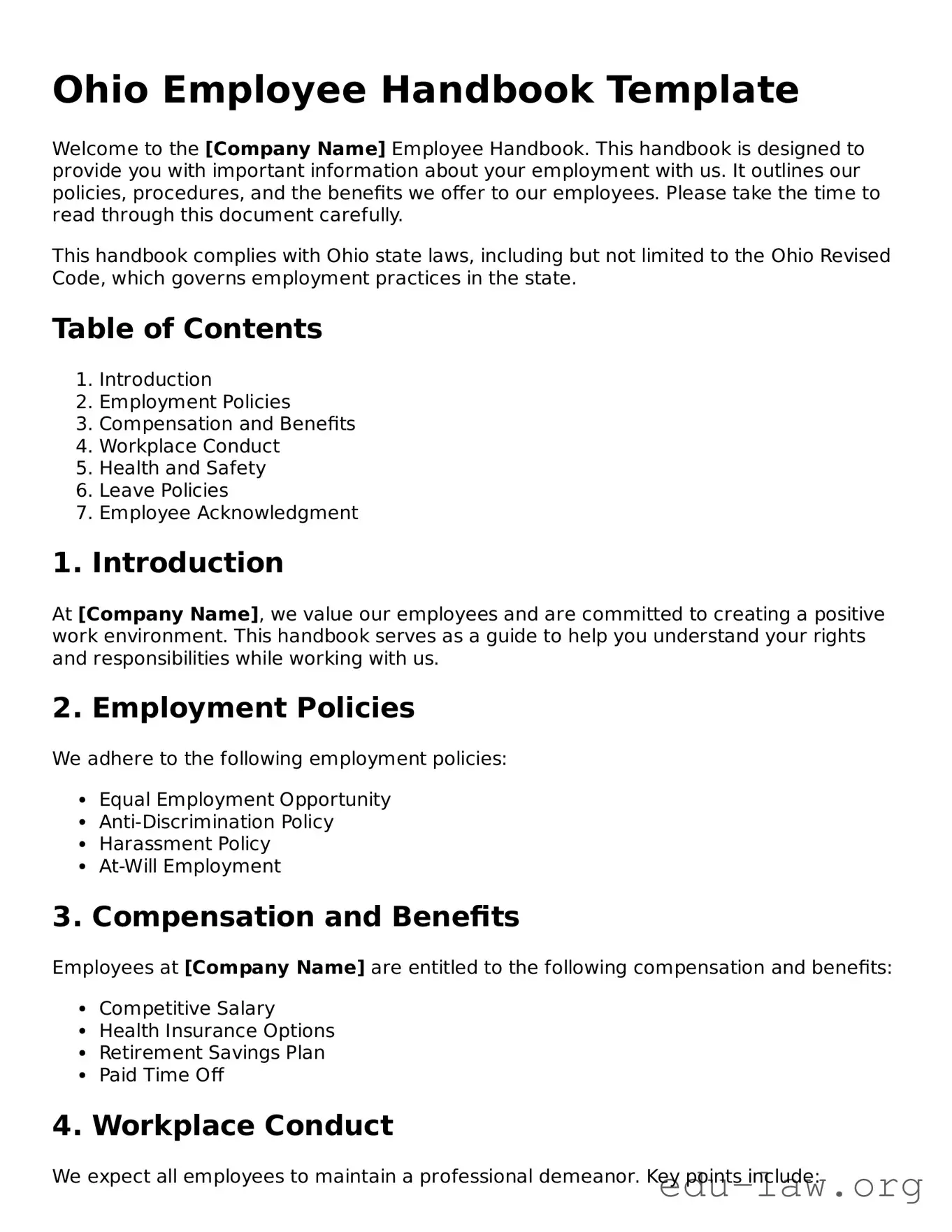 Legal  Employee Handbook Template for Ohio