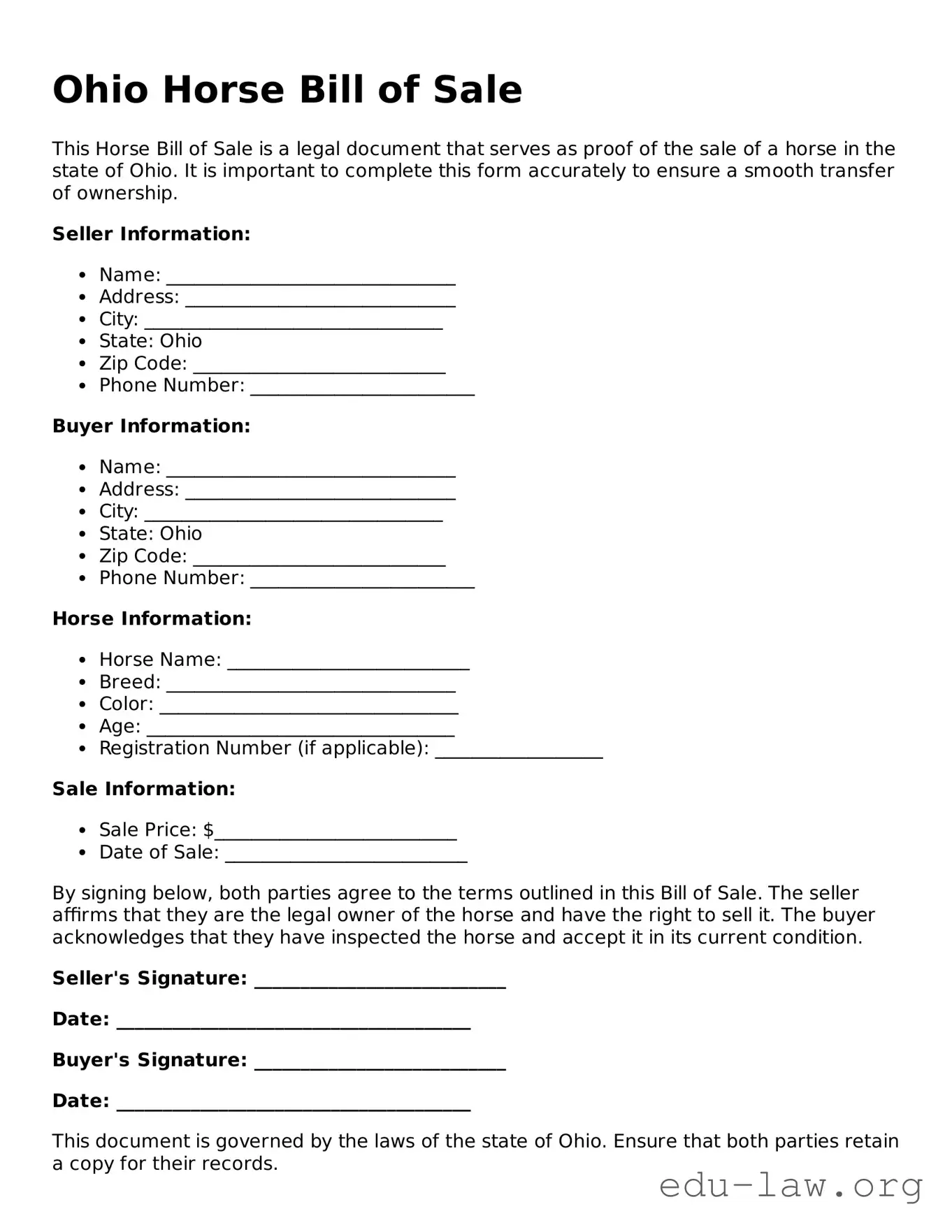 Legal  Horse Bill of Sale Template for Ohio