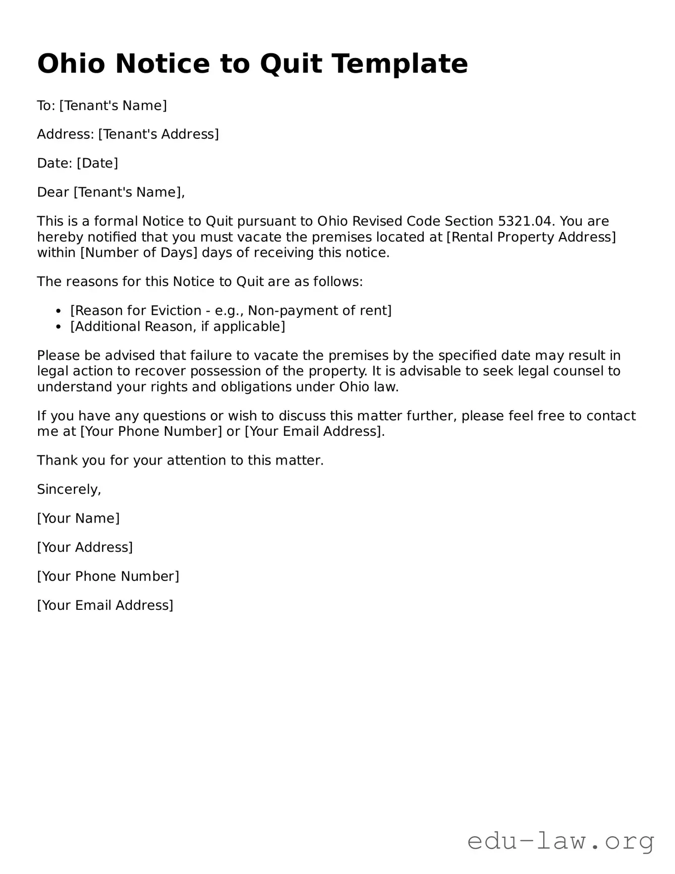 Legal  Notice to Quit Template for Ohio