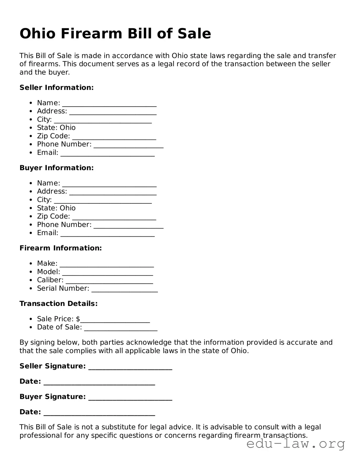 Legal  Firearm Bill of Sale Template for Ohio