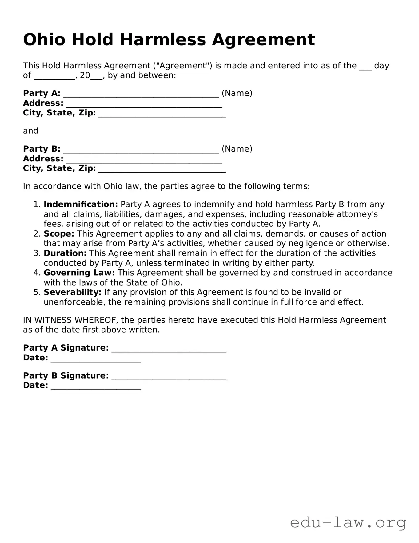 Legal  Hold Harmless Agreement Template for Ohio