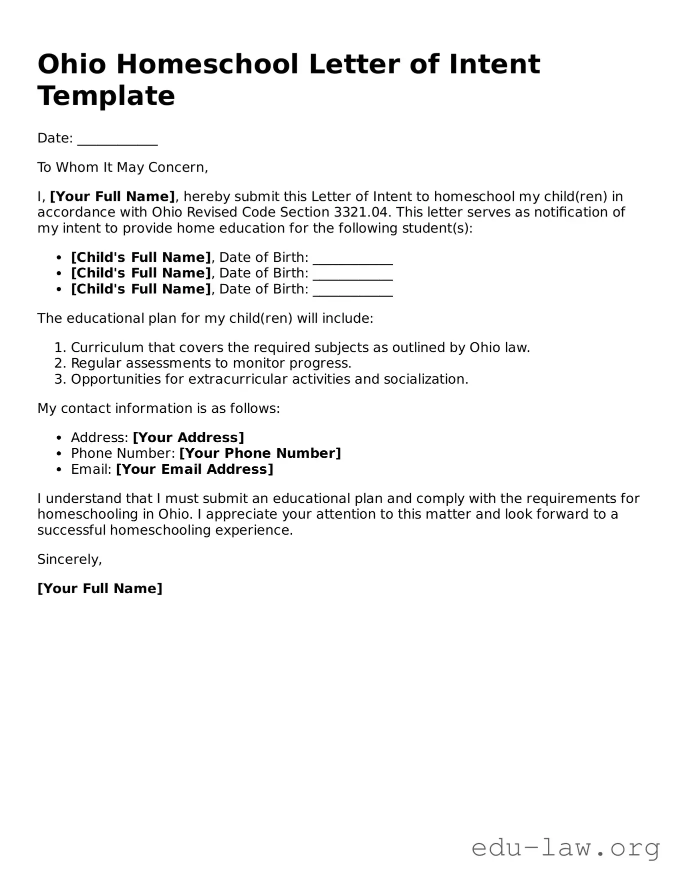 Legal  Homeschool Letter of Intent Template for Ohio