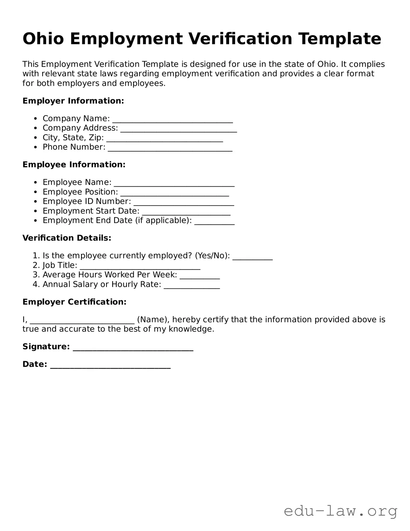 Legal  Employment Verification Template for Ohio