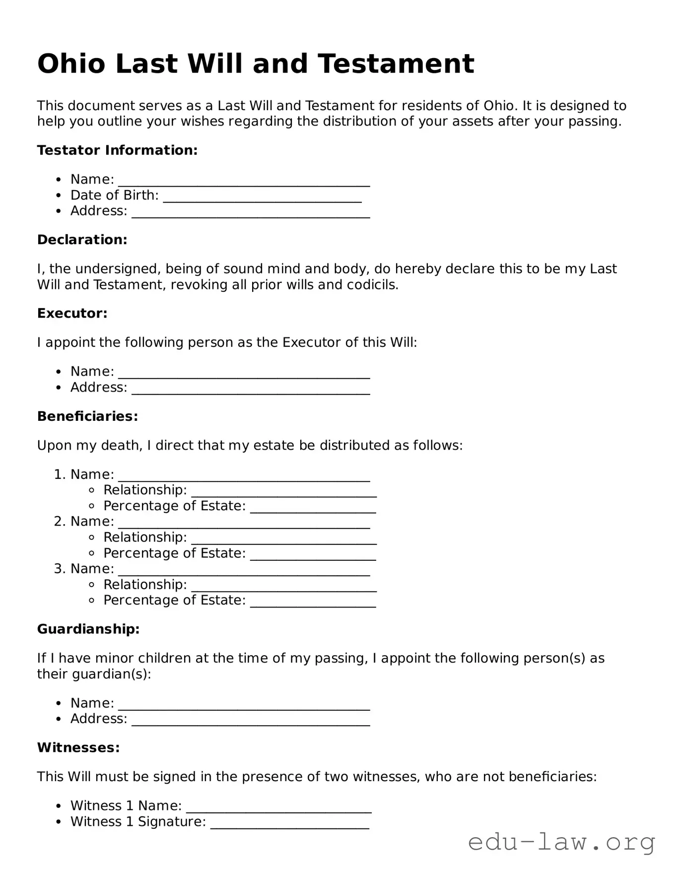 Legal  Last Will and Testament Template for Ohio