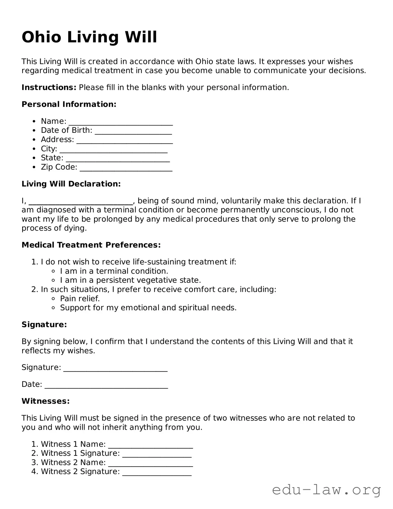 Legal  Living Will Template for Ohio