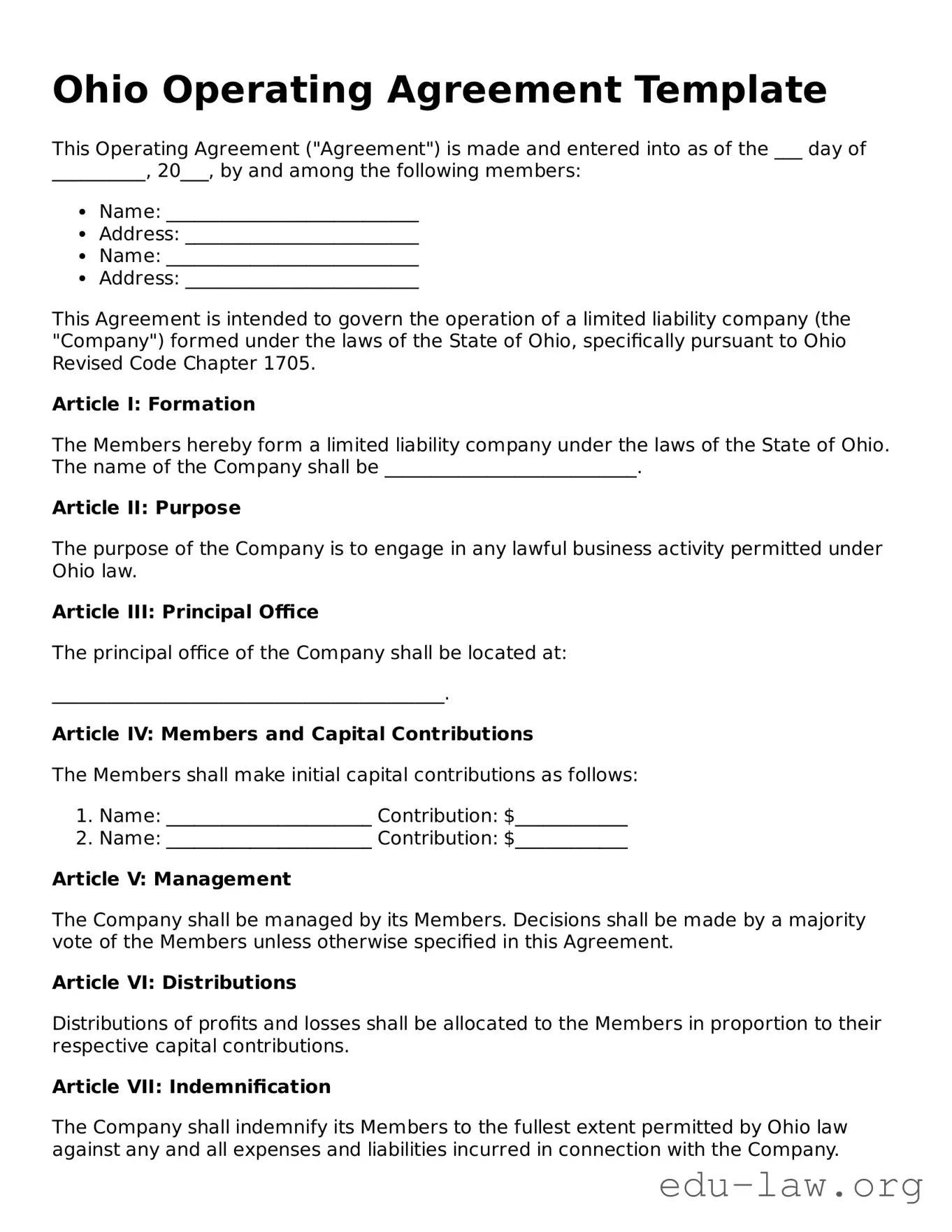 Legal  Operating Agreement Template for Ohio