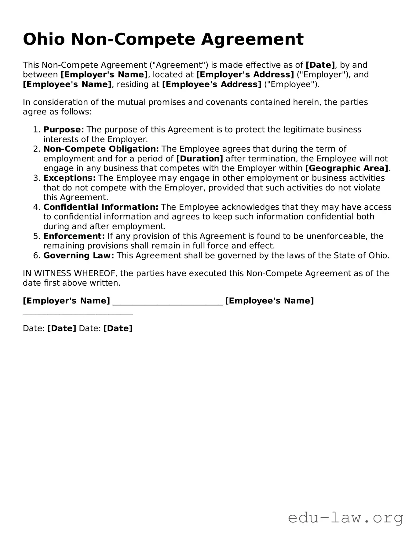 Legal  Non-compete Agreement Template for Ohio