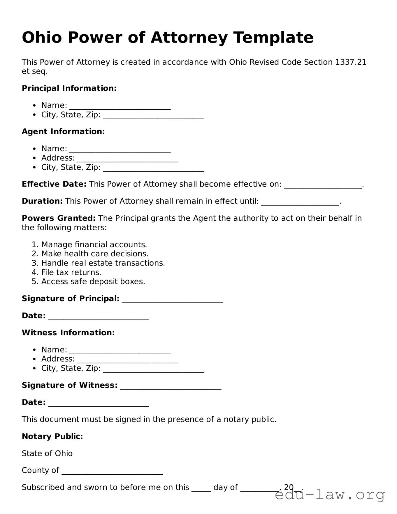 Legal  Power of Attorney Template for Ohio