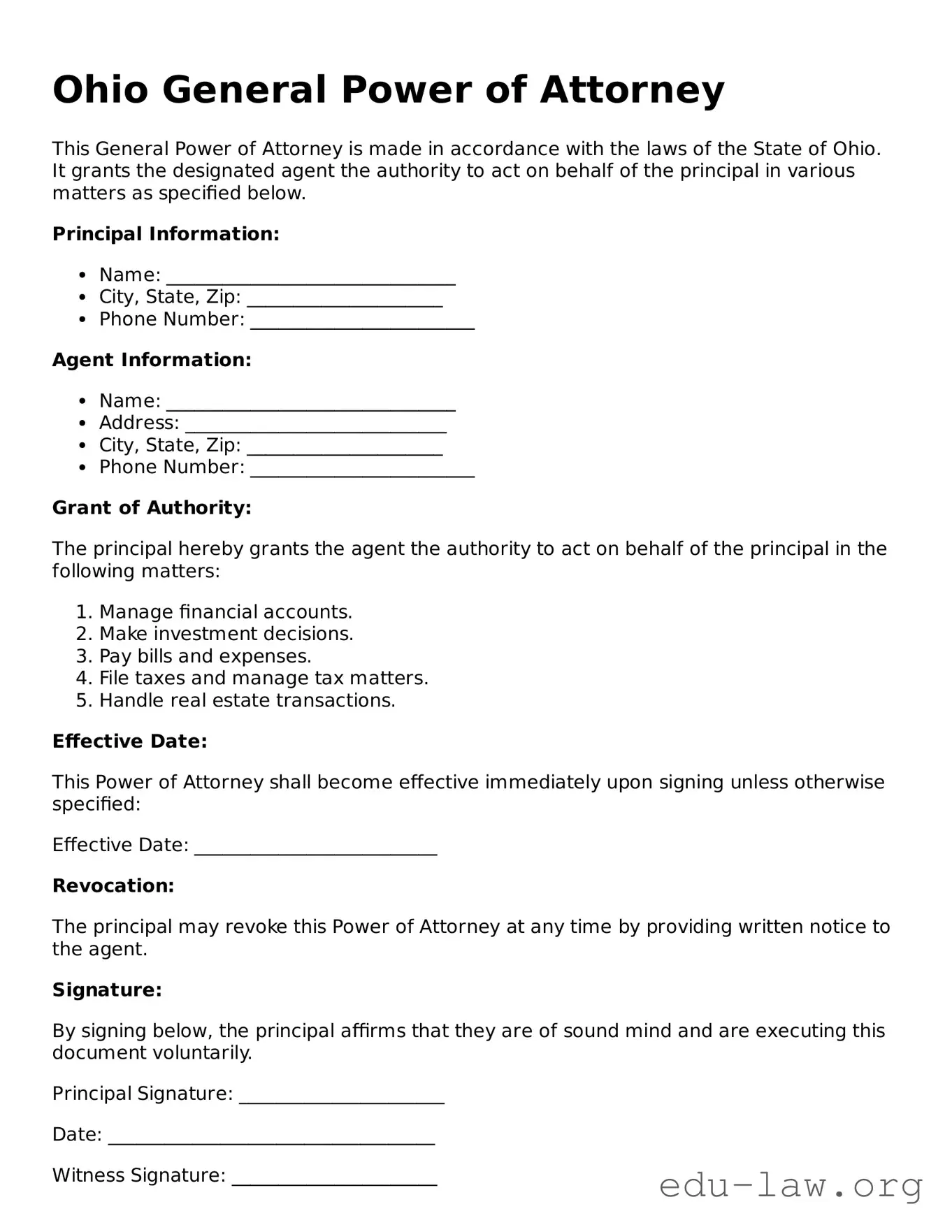 Legal  General Power of Attorney Template for Ohio