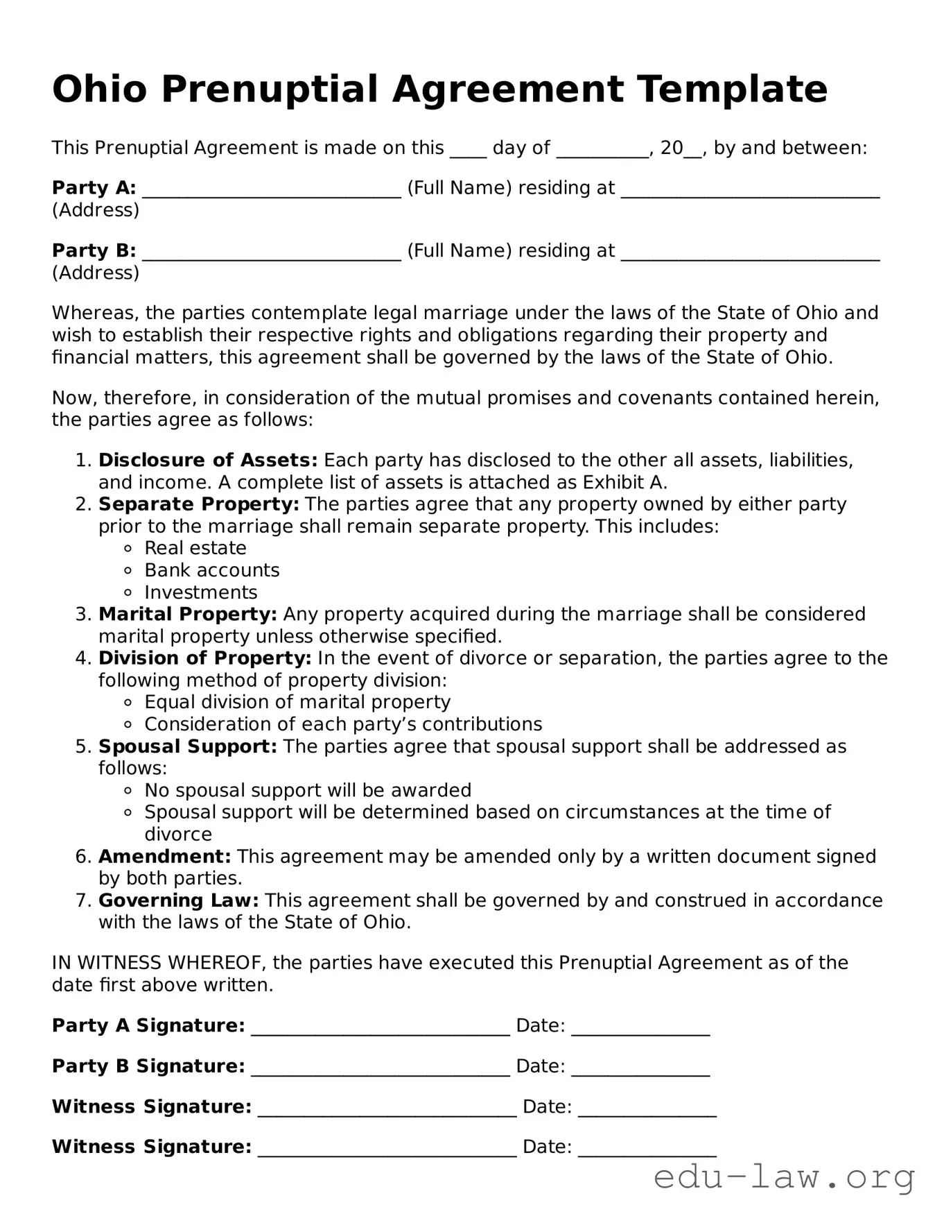 Legal  Prenuptial Agreement Template for Ohio