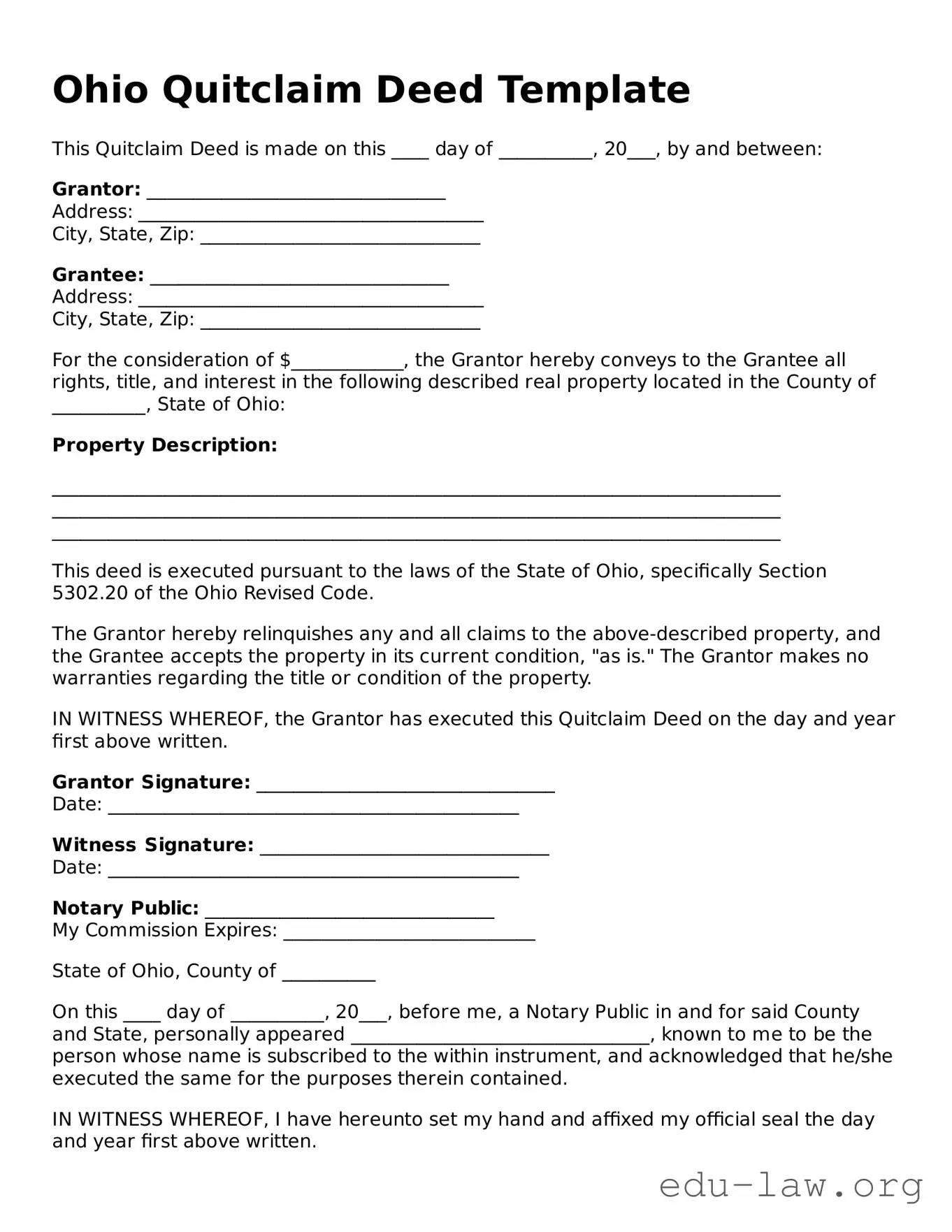 Legal  Quitclaim Deed Template for Ohio