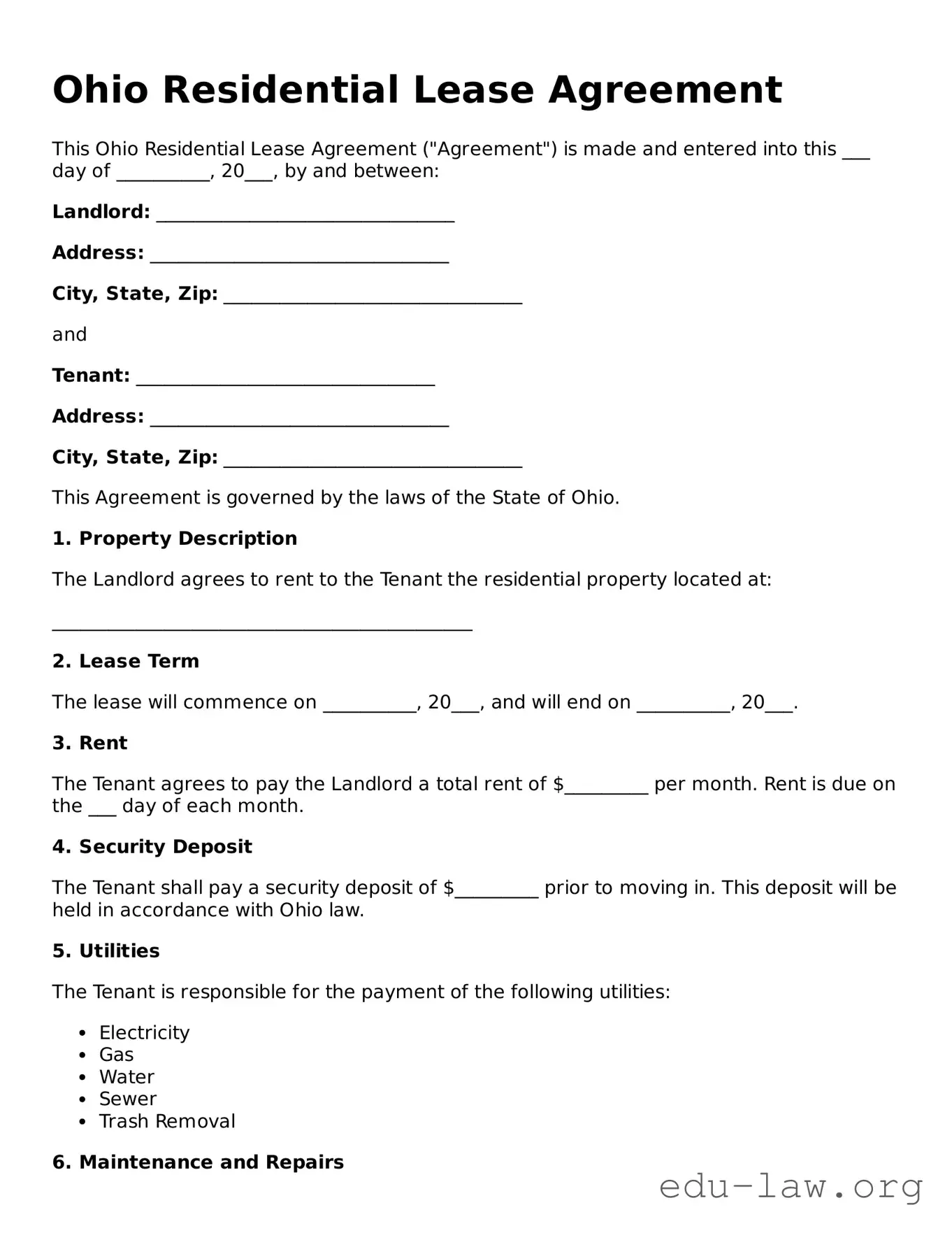 Legal  Residential Lease Agreement Template for Ohio