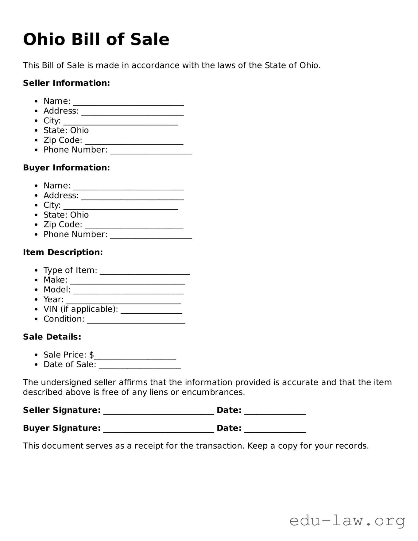 Legal  Bill of Sale Template for Ohio