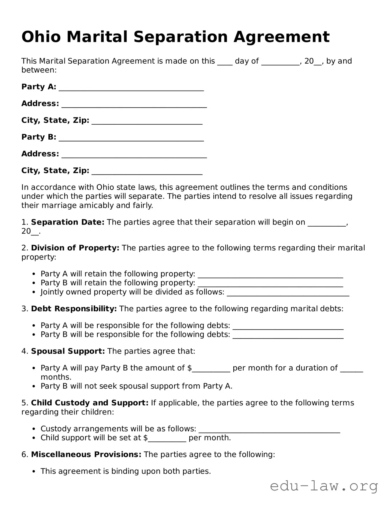 Legal  Marital Separation Agreement Template for Ohio