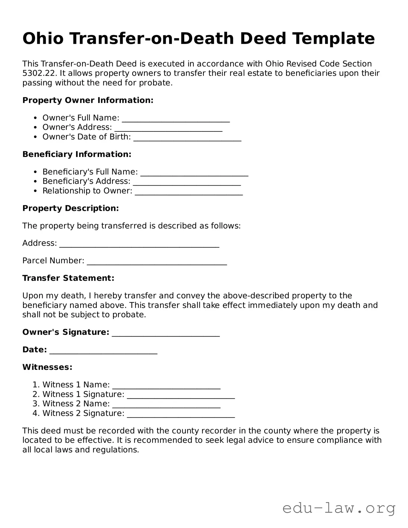 Legal  Transfer-on-Death Deed Template for Ohio