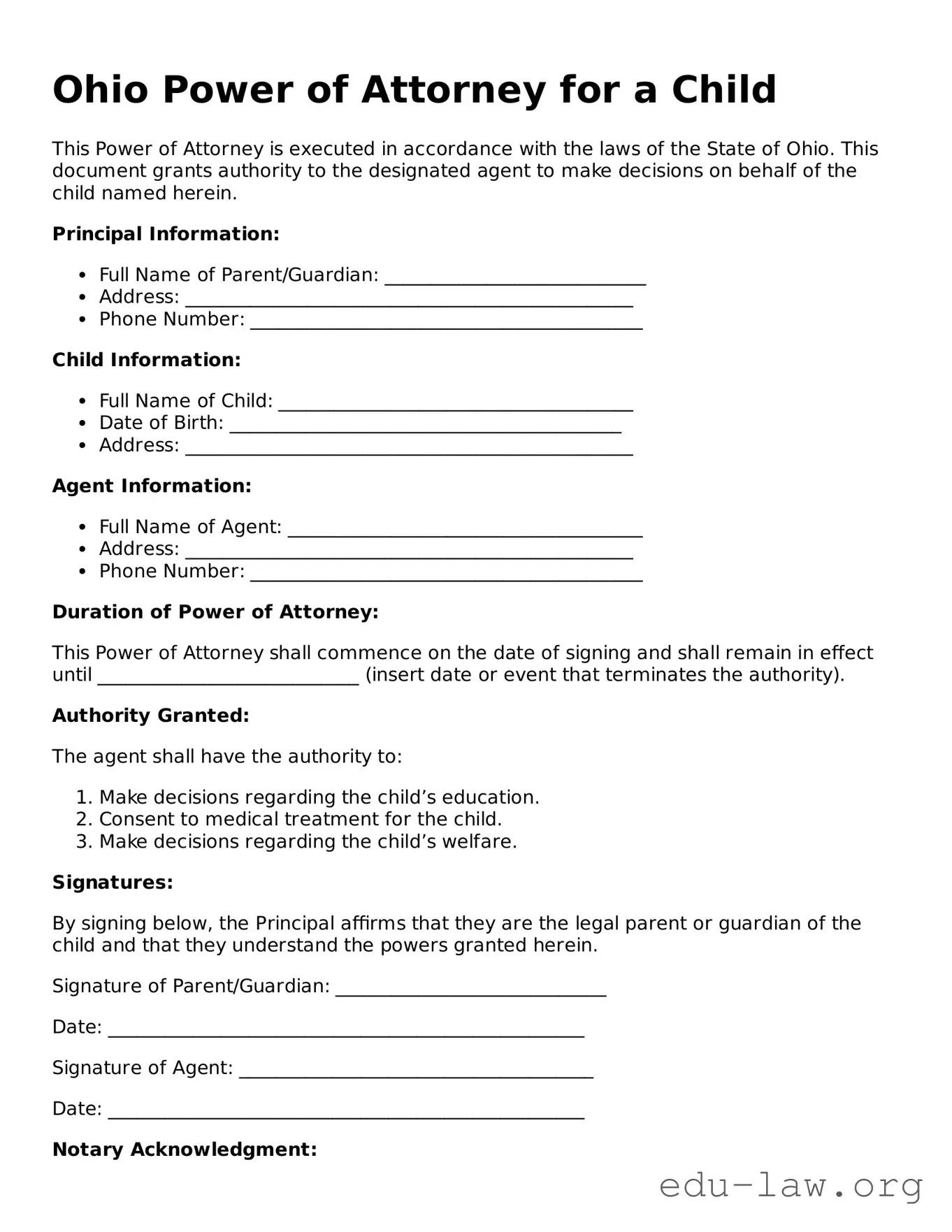Legal  Power of Attorney for a Child Template for Ohio
