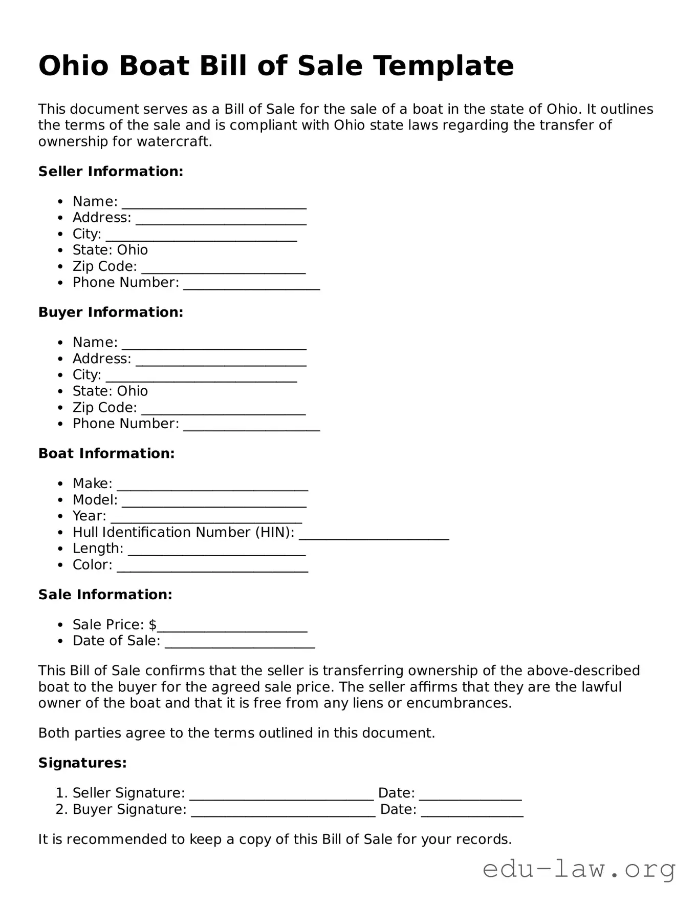 Legal  Boat Bill of Sale Template for Ohio