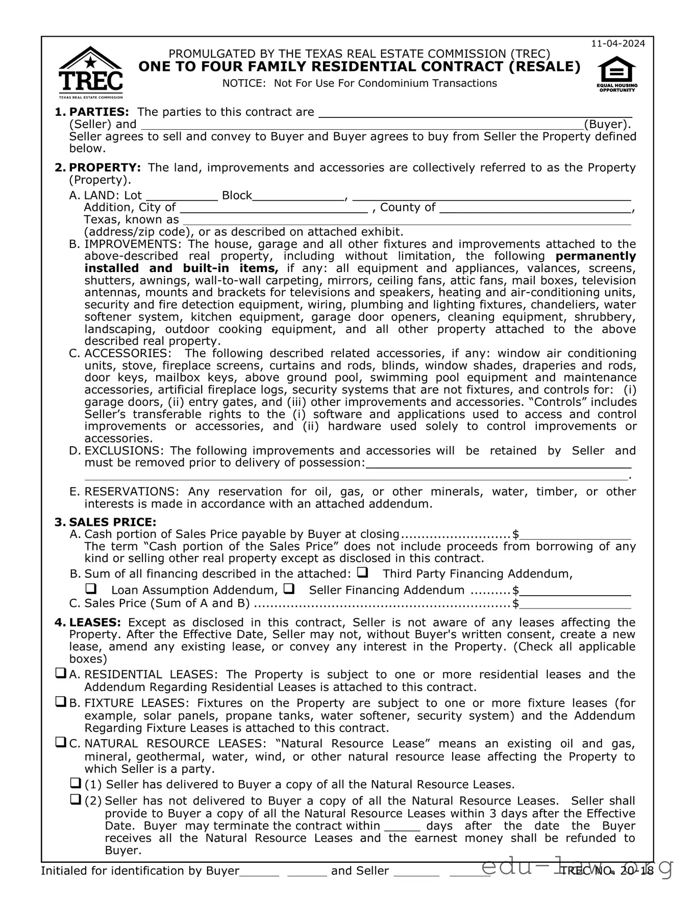 Fill in Your TREC One to four family residential contract Template