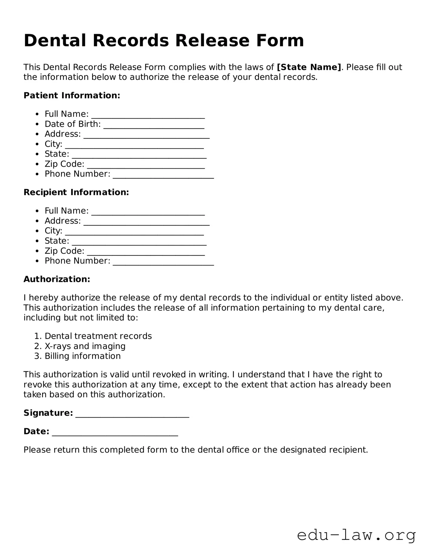 Dental Records Release Template
