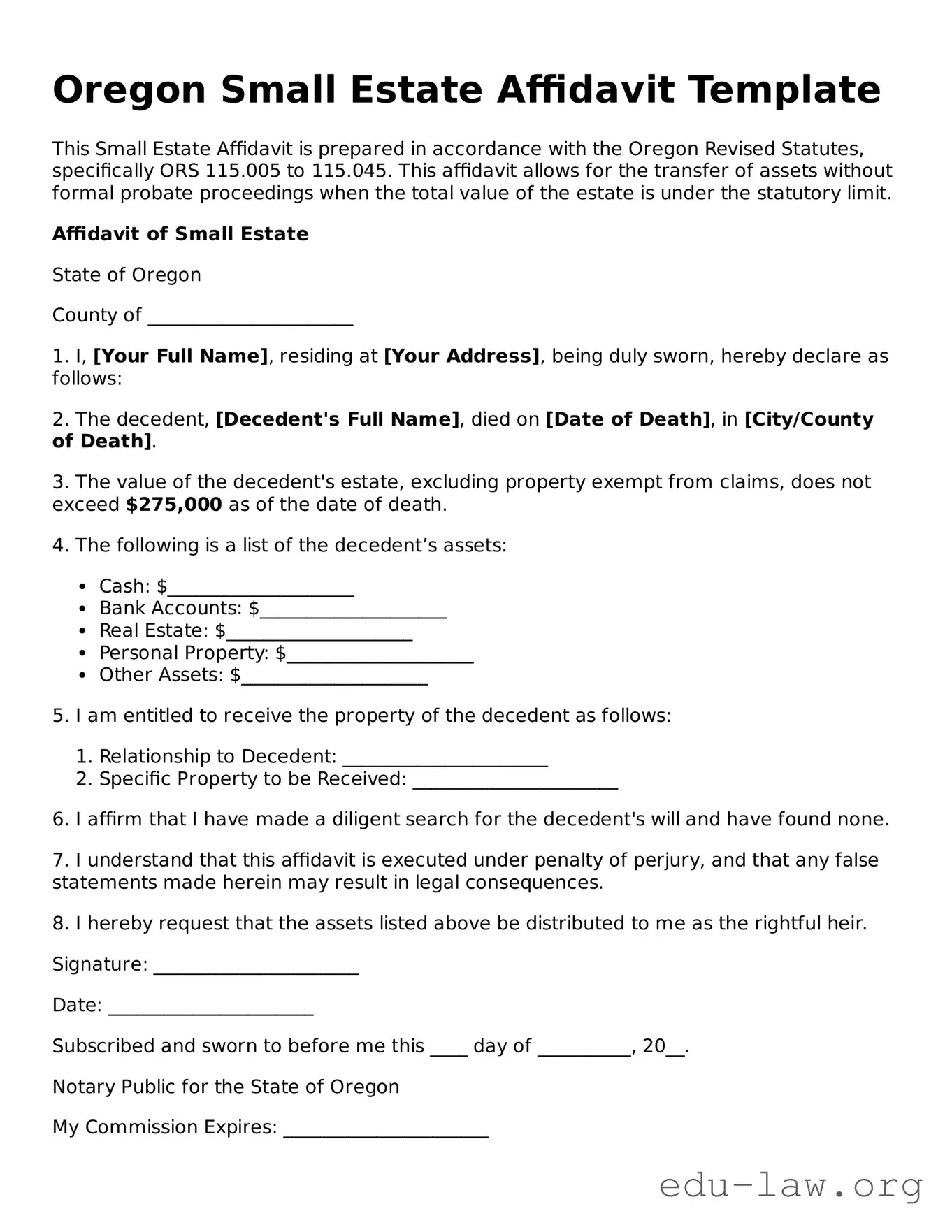Legal  Small Estate Affidavit Template for Oregon