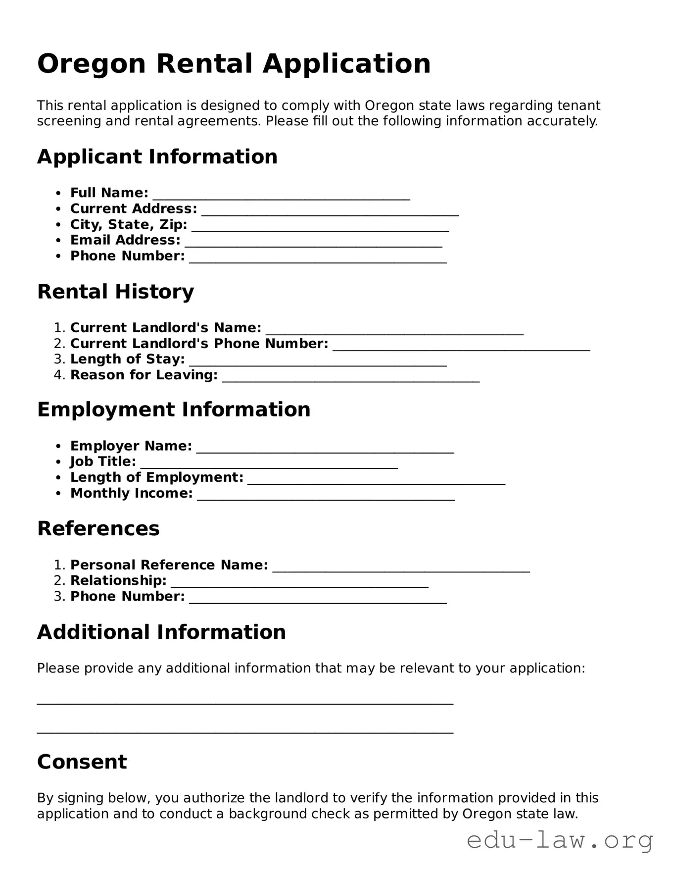 Legal  Rental Application Template for Oregon