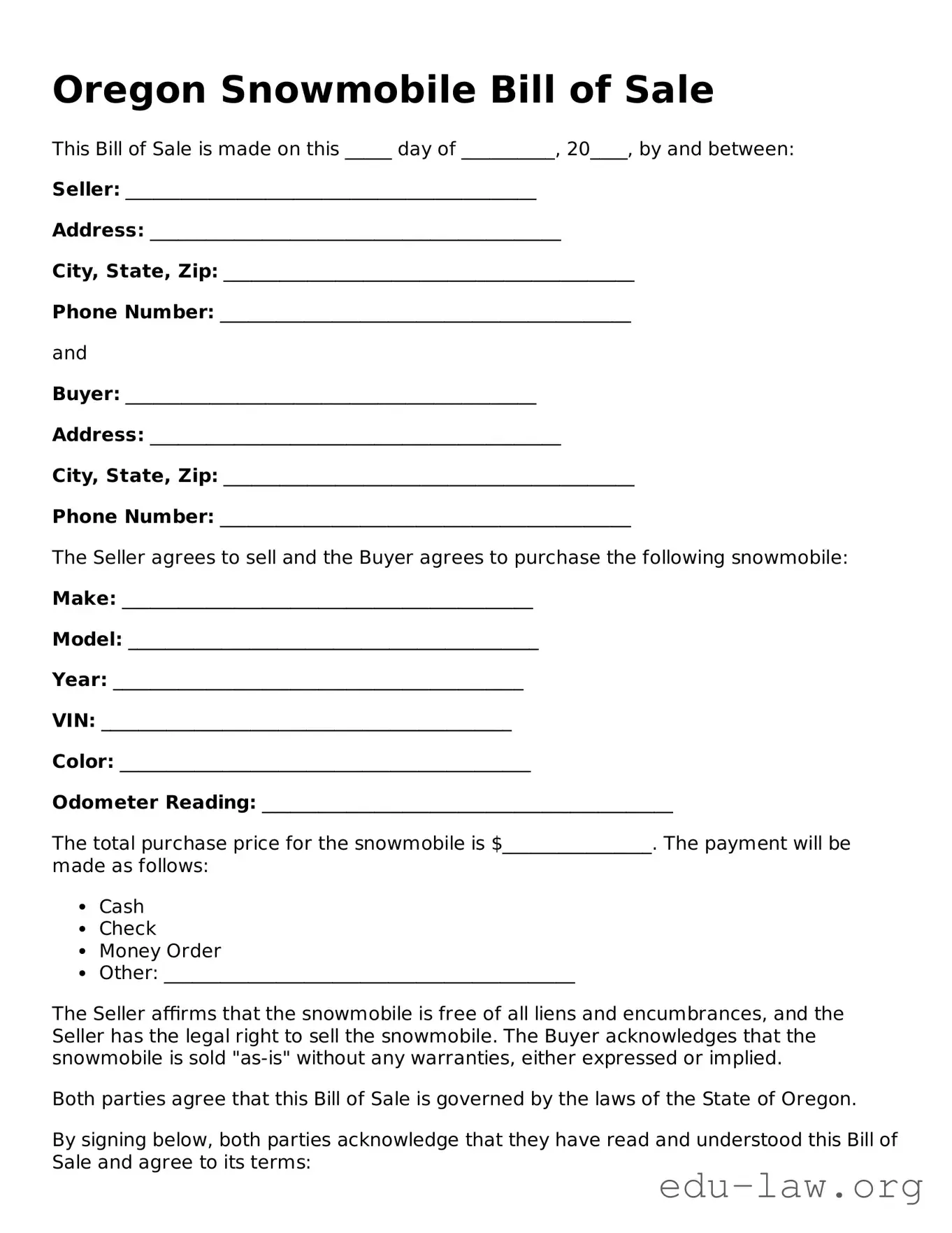 Legal  Snowmobile Bill of Sale Template for Oregon