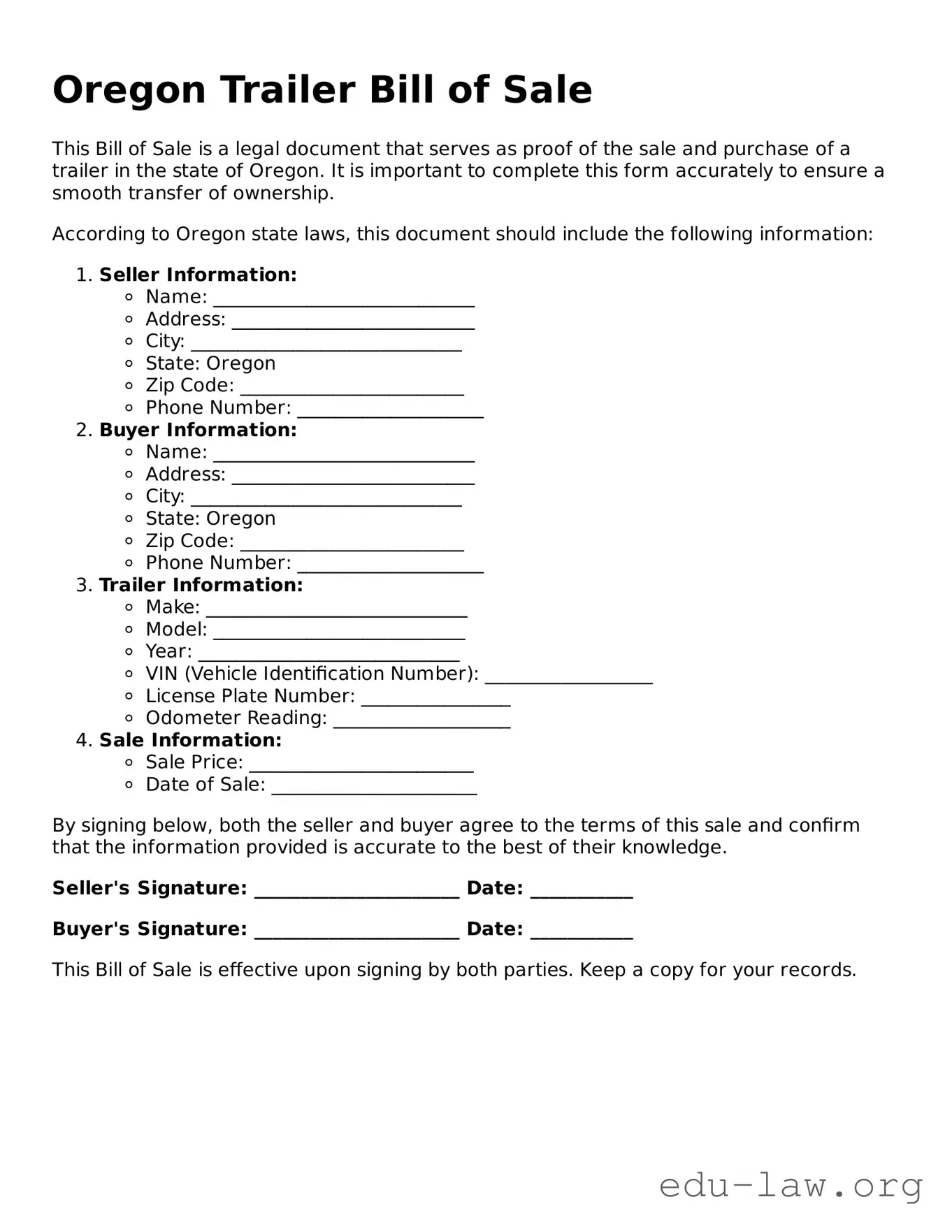 Legal  Trailer Bill of Sale Template for Oregon