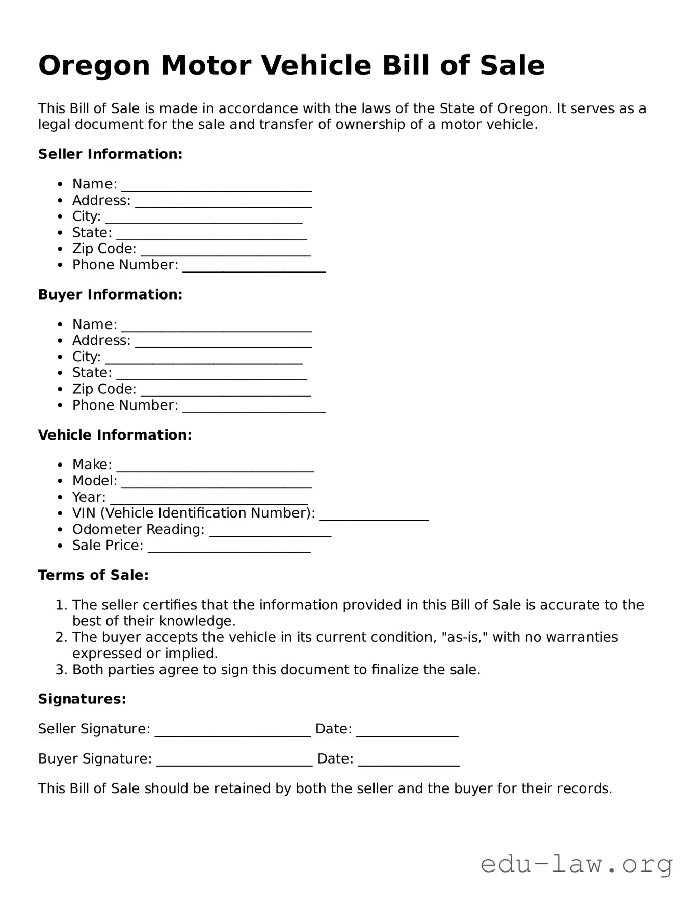 Legal  Motor Vehicle Bill of Sale Template for Oregon