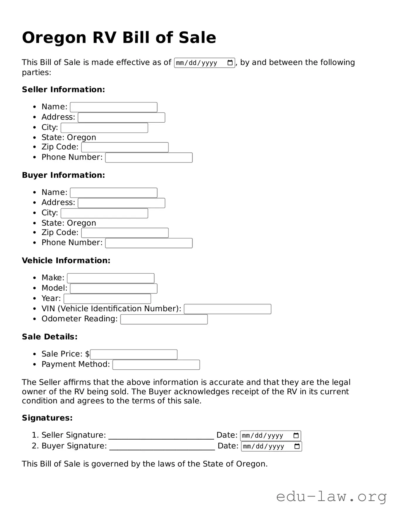 Legal  RV Bill of Sale Template for Oregon