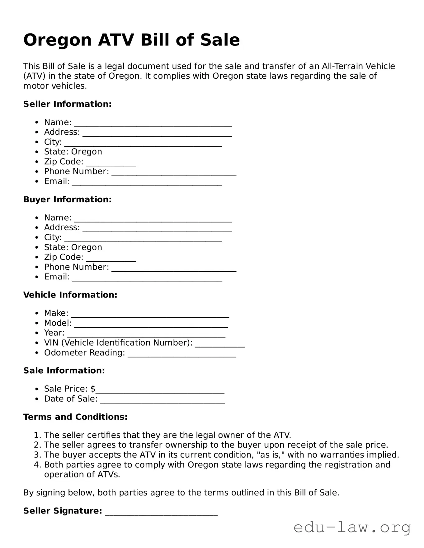 Legal  ATV Bill of Sale Template for Oregon
