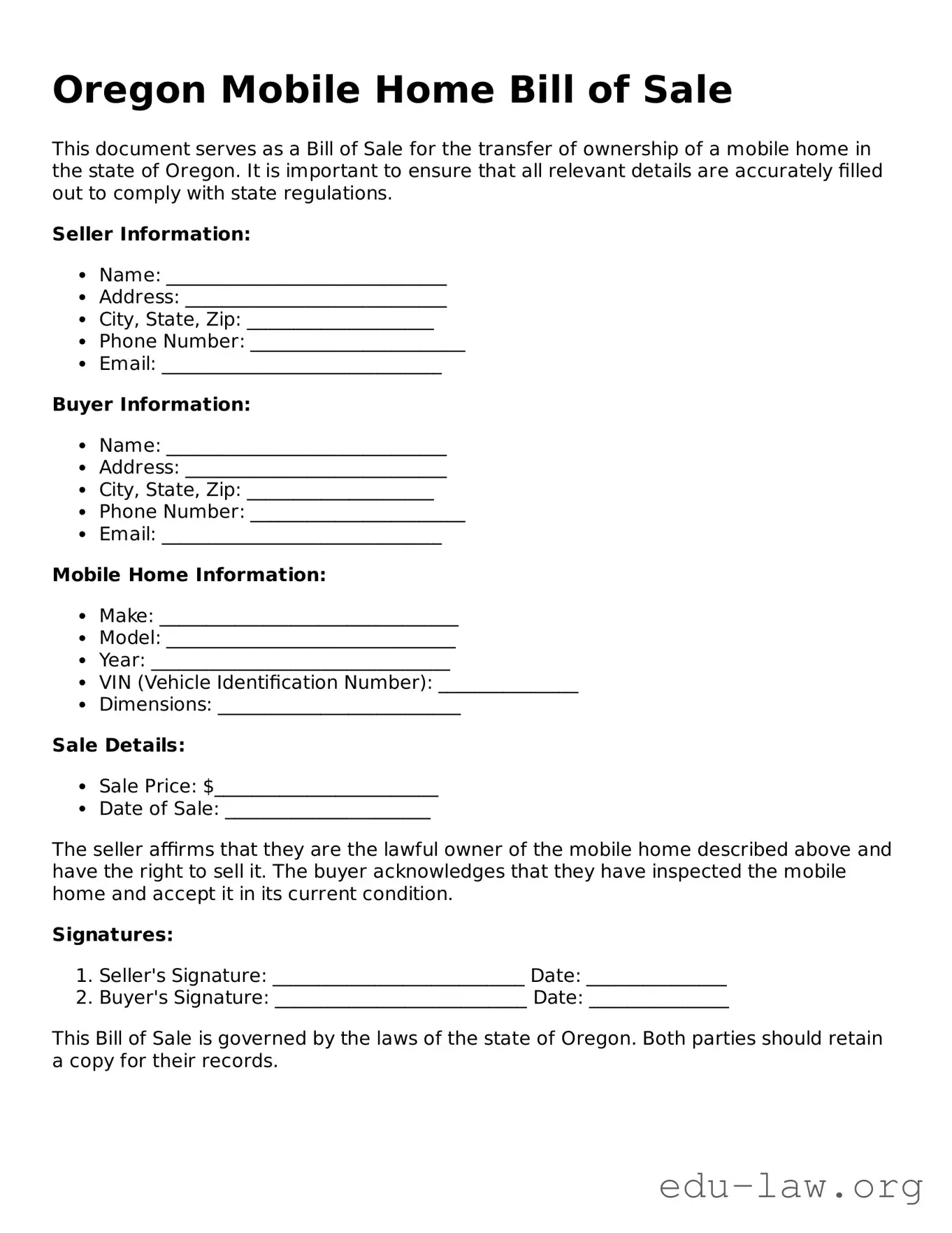 Legal  Mobile Home Bill of Sale Template for Oregon