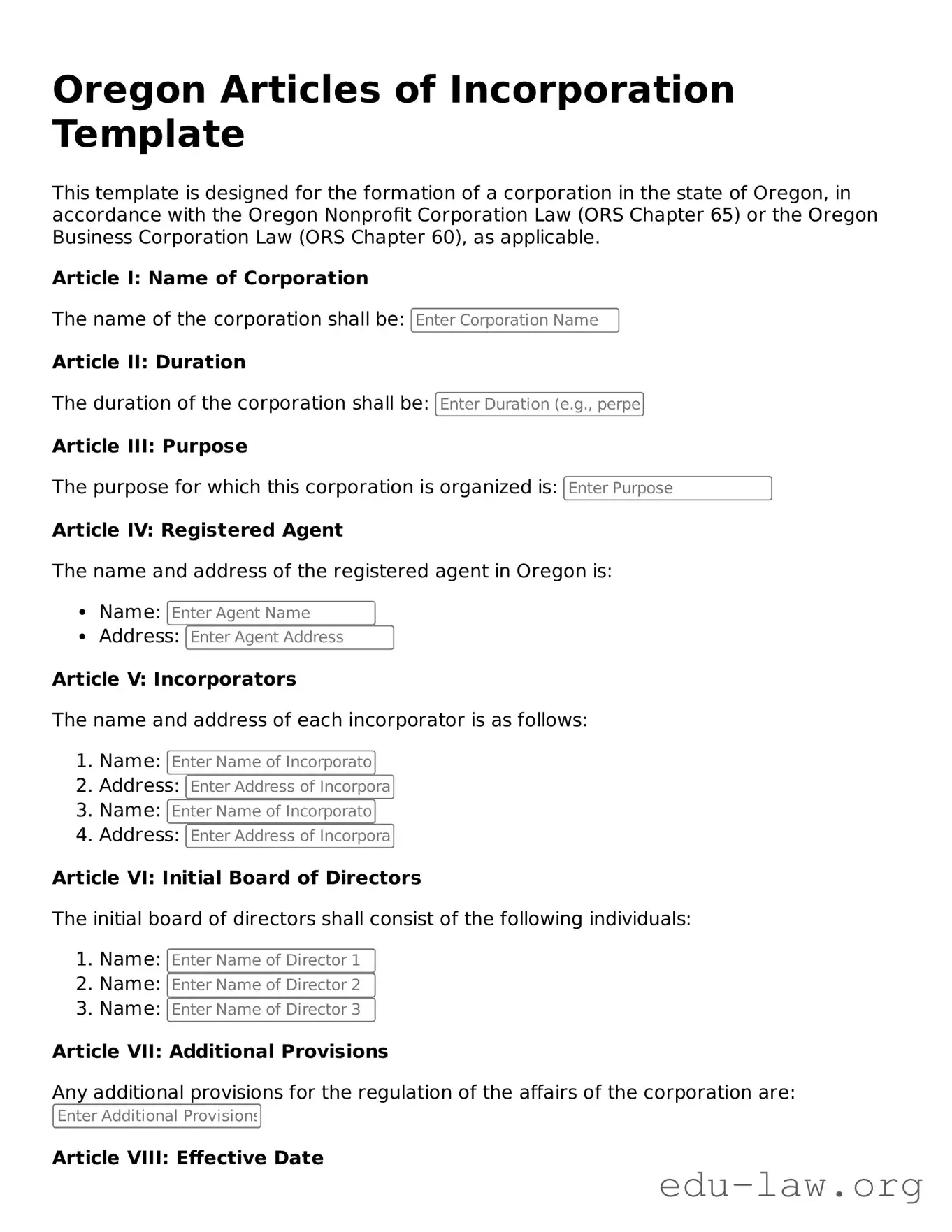 Legal  Articles of Incorporation Template for Oregon