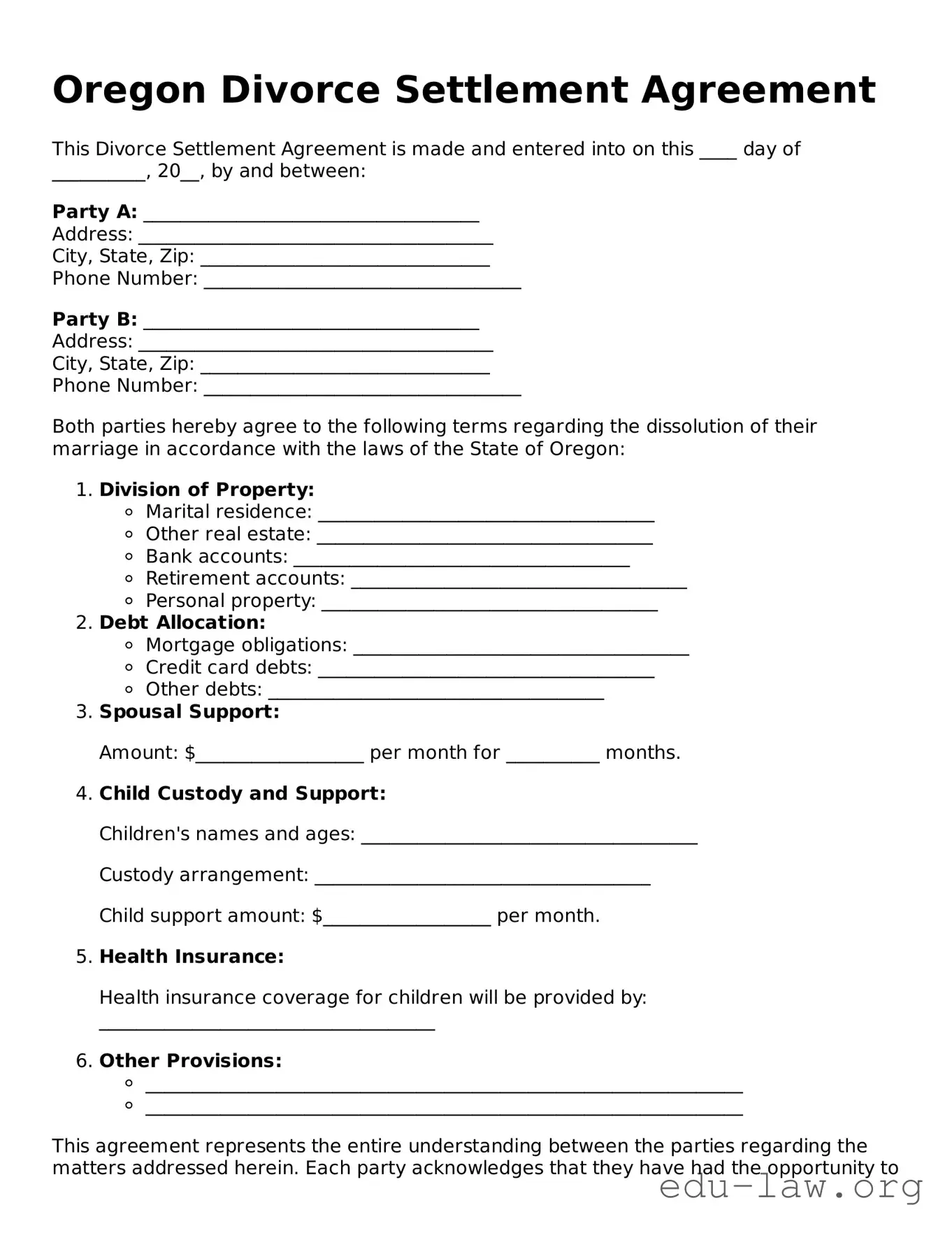 Legal  Divorce Settlement Agreement Template for Oregon