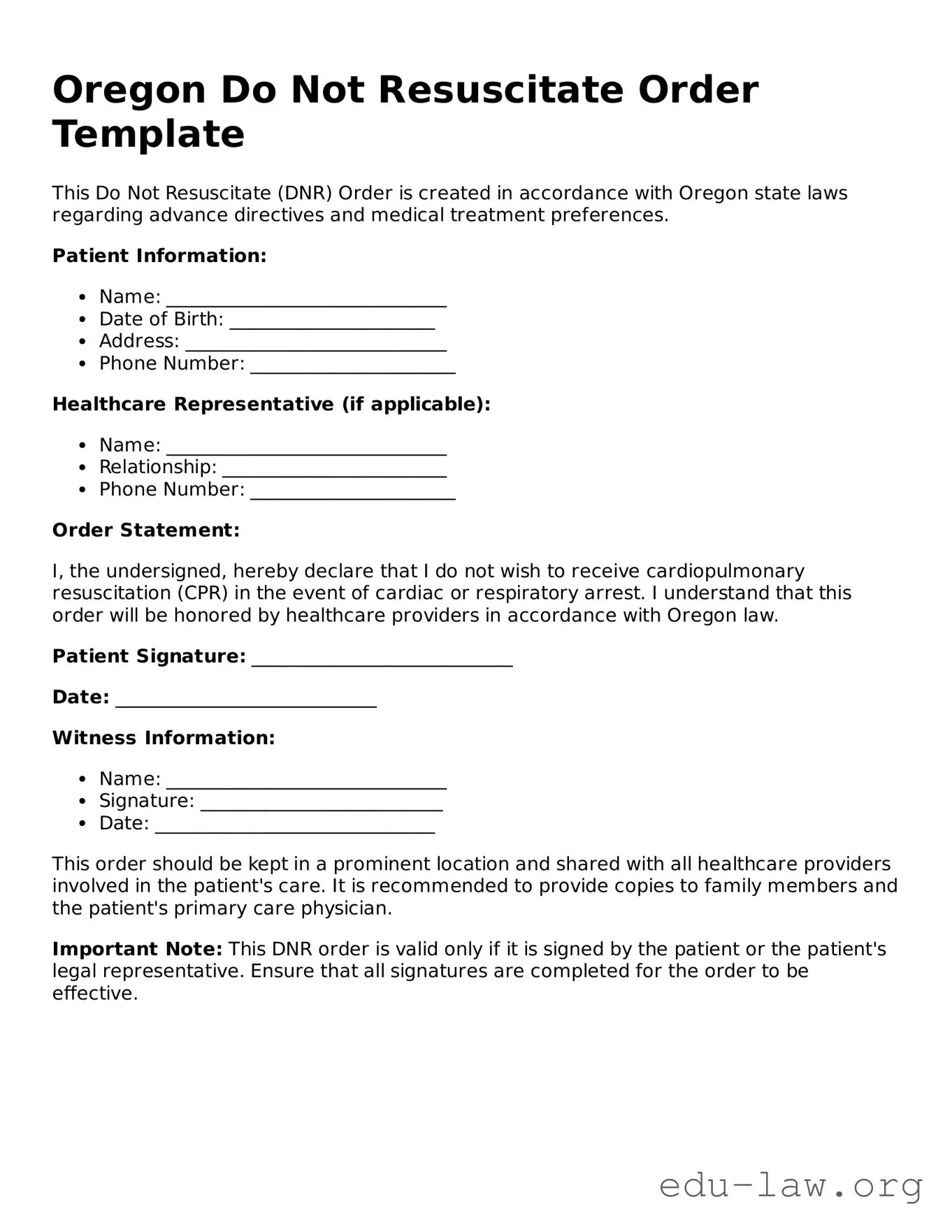 Legal  Do Not Resuscitate Order Template for Oregon