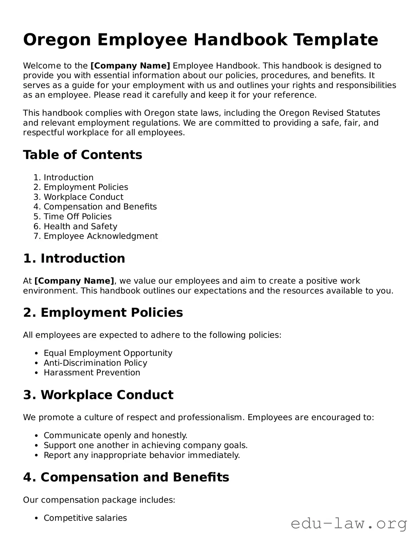 Legal  Employee Handbook Template for Oregon