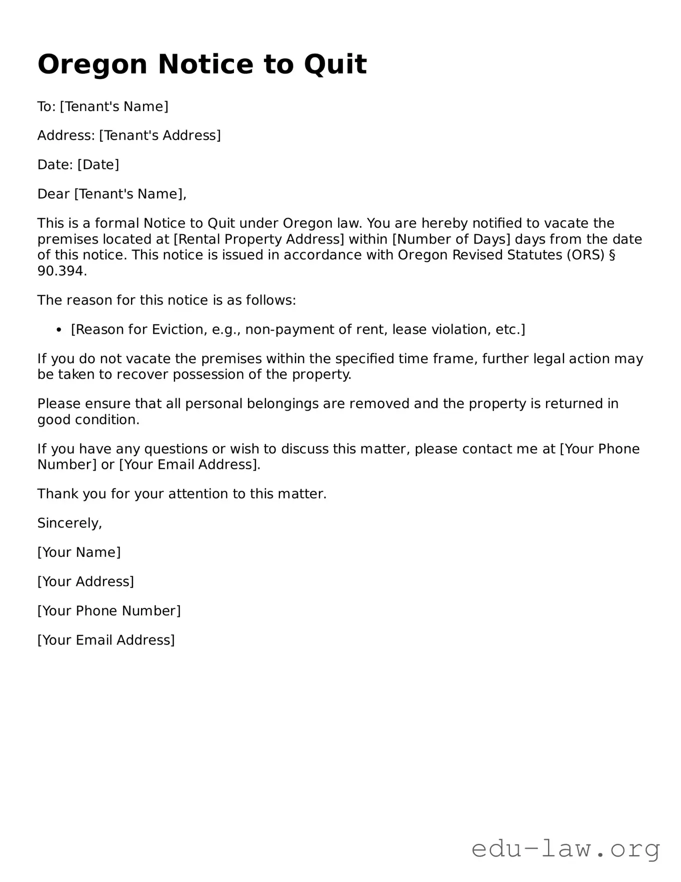 Legal  Notice to Quit Template for Oregon