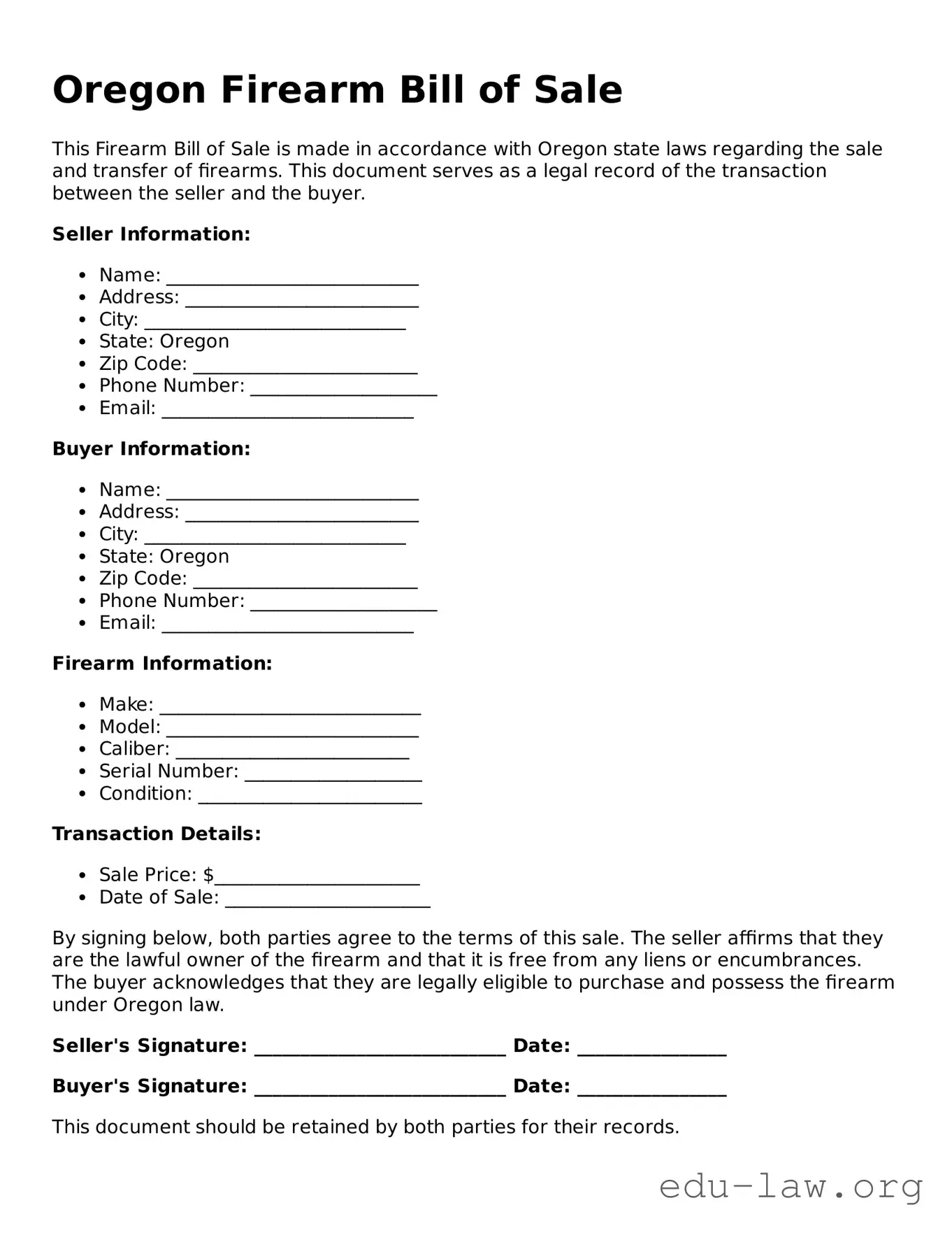 Legal  Firearm Bill of Sale Template for Oregon