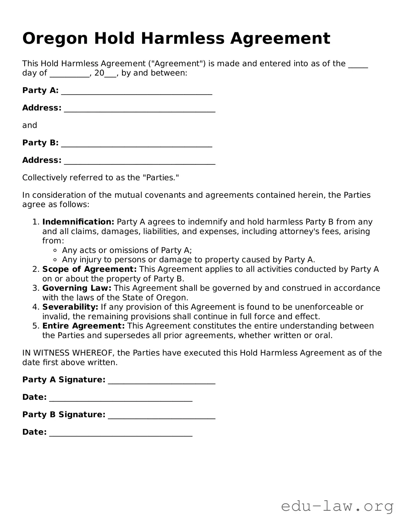 Legal  Hold Harmless Agreement Template for Oregon