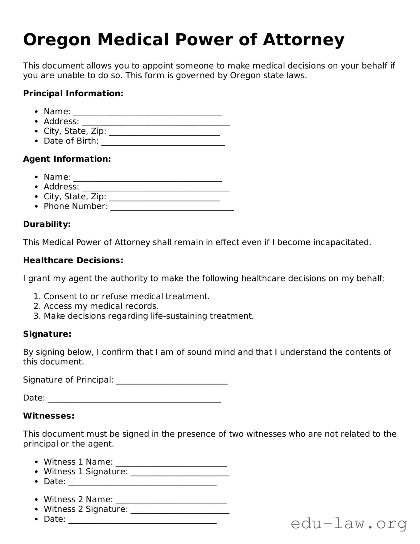Legal  Medical Power of Attorney Template for Oregon