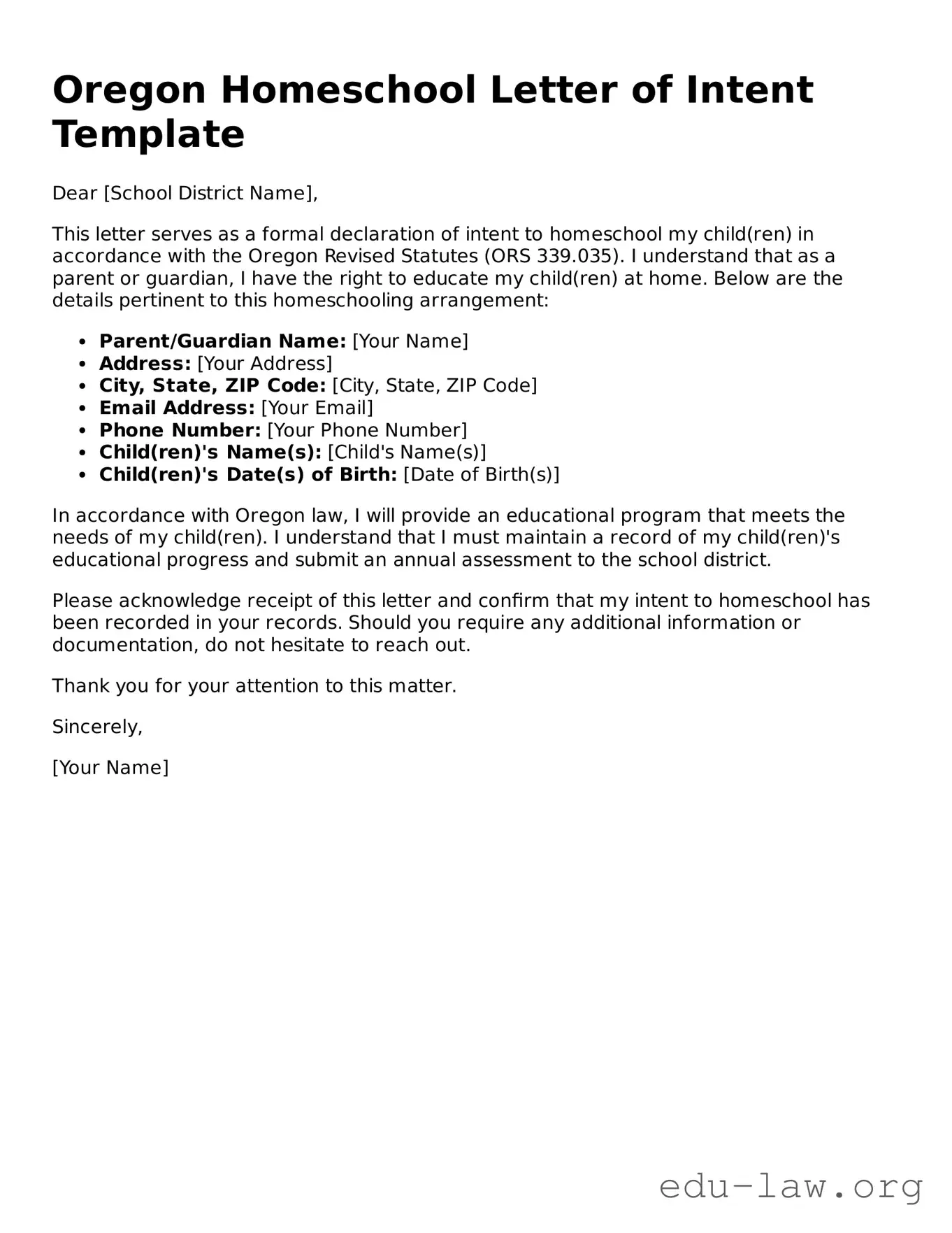 Legal  Homeschool Letter of Intent Template for Oregon