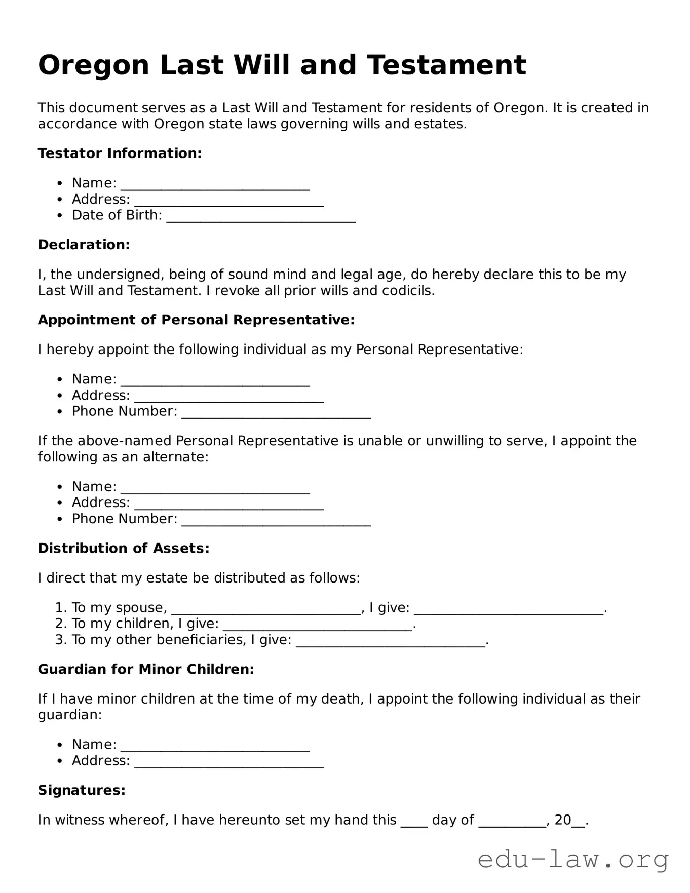 Legal  Last Will and Testament Template for Oregon