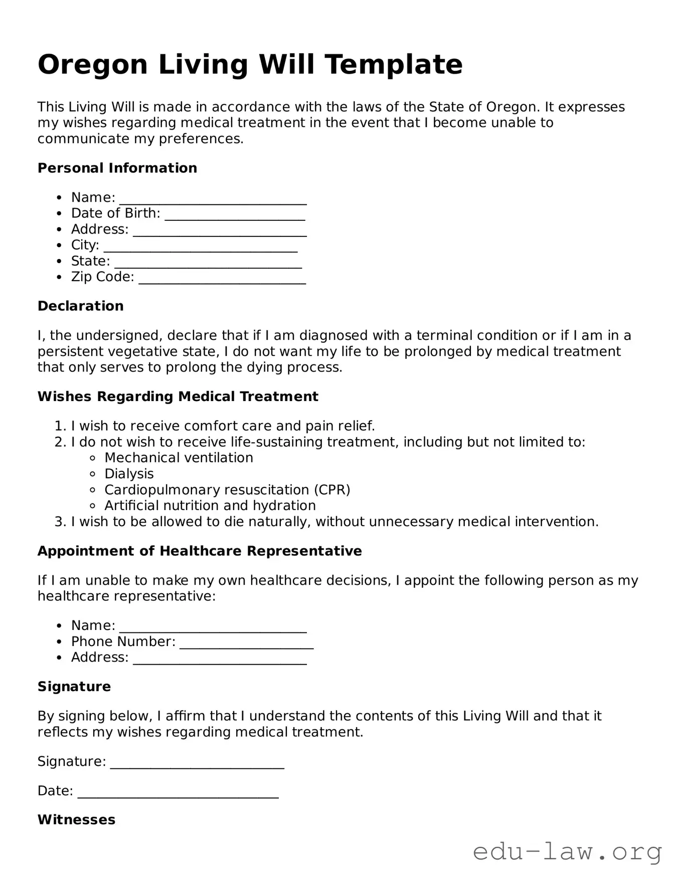 Legal  Living Will Template for Oregon