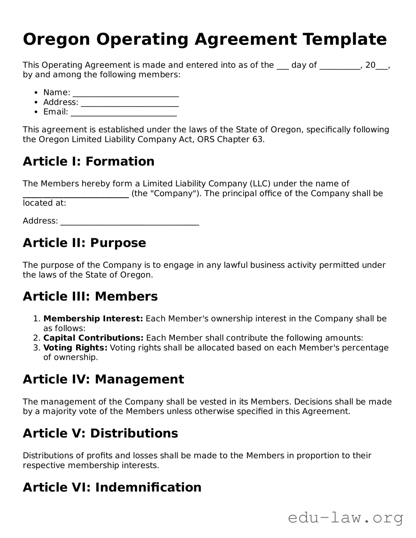 Legal  Operating Agreement Template for Oregon
