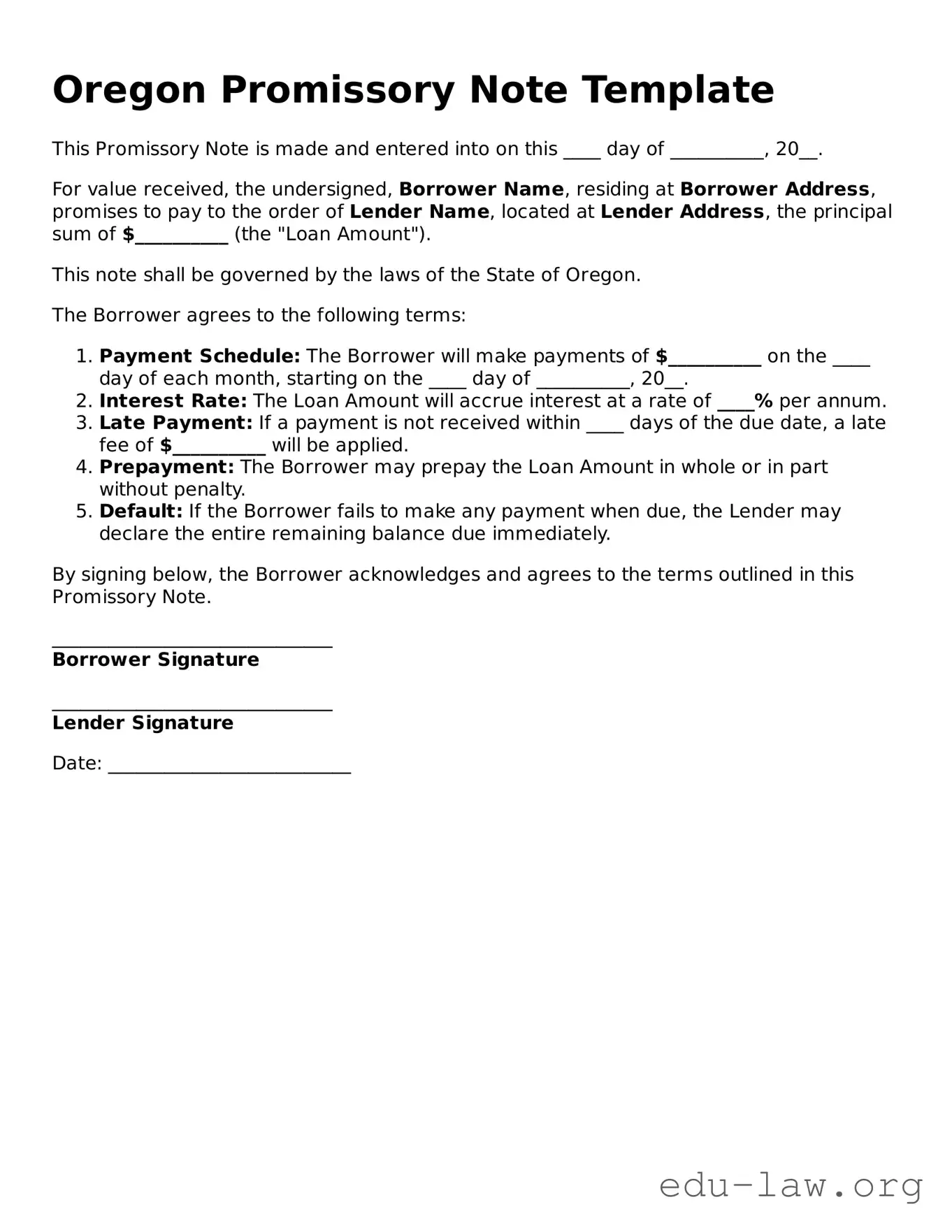 Legal  Promissory Note Template for Oregon