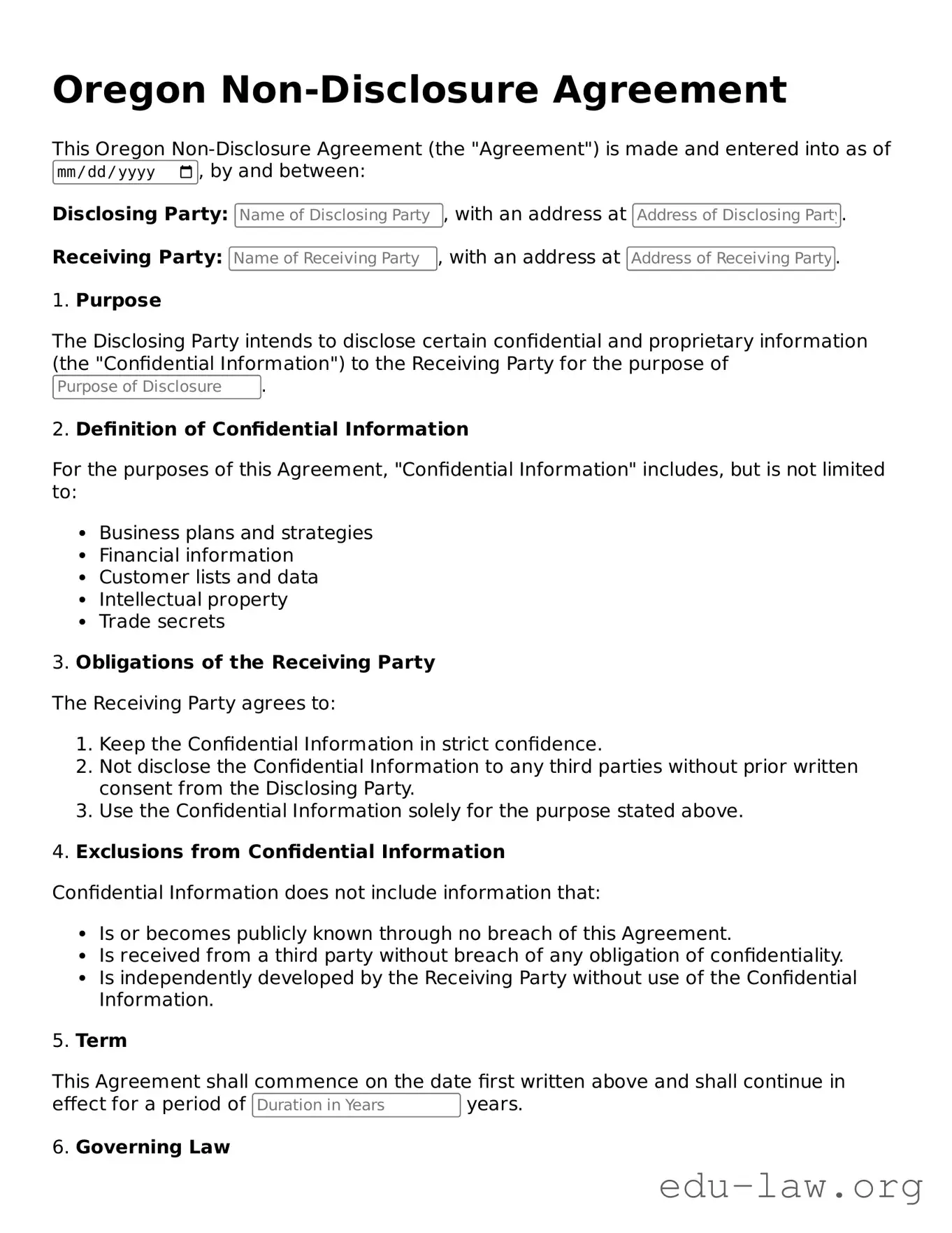 Legal  Non-disclosure Agreement Template for Oregon